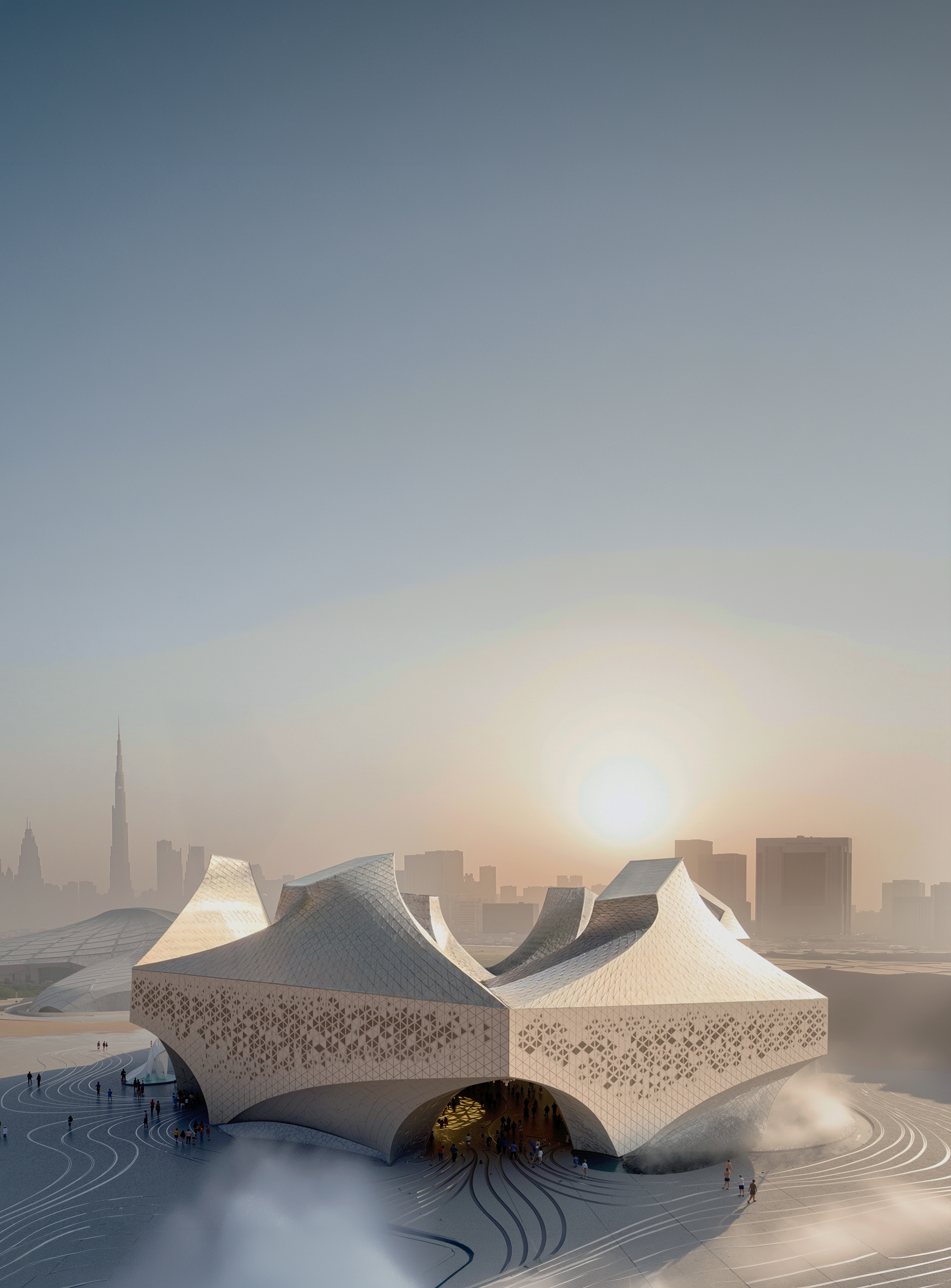 Aerial view of the pavilion at sunset with its flowing sculptural roof forms and the Dubai skyline in the hazy background
