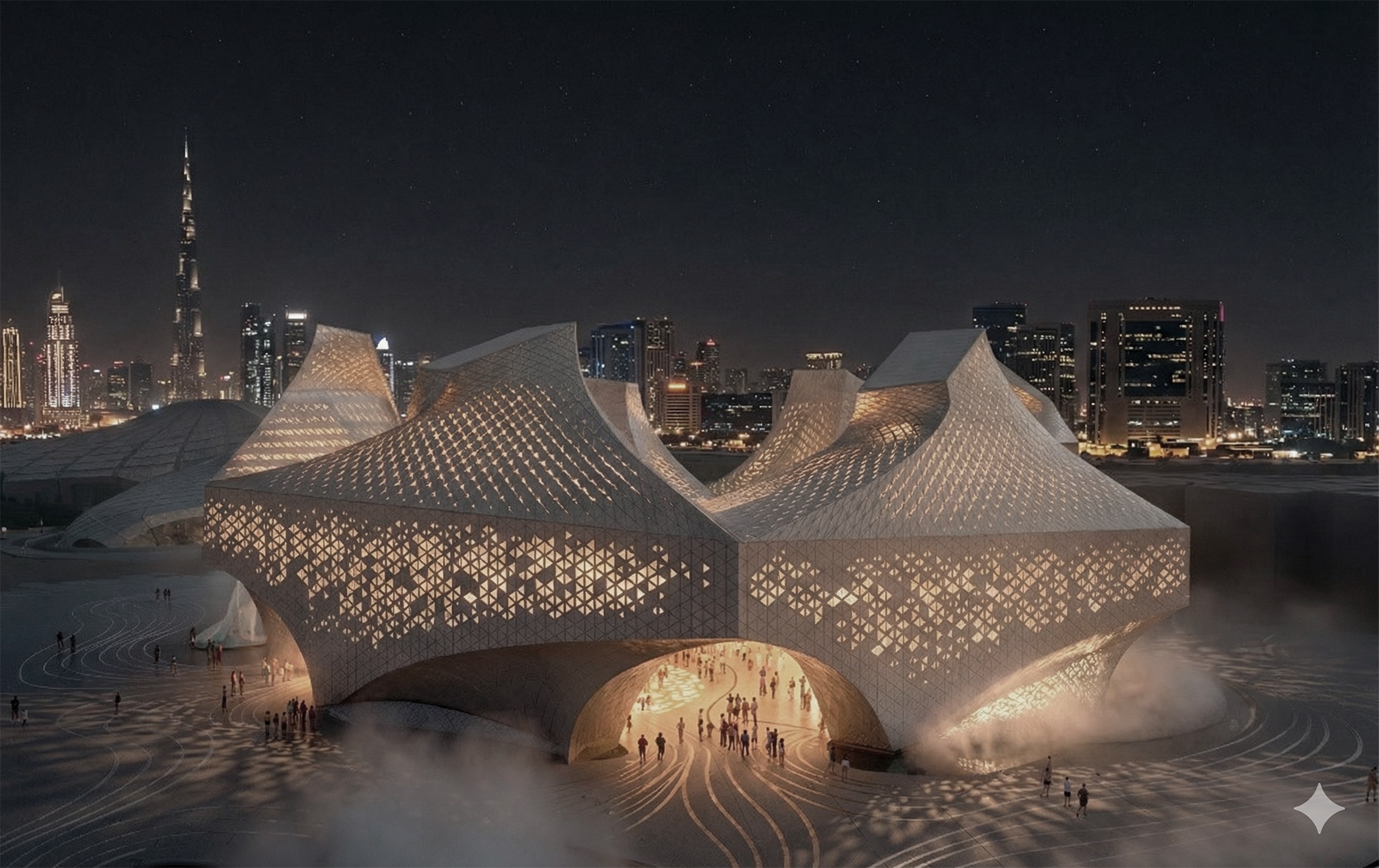 Night panorama of the Dubai 2020 Expo Pavilion with its undulating illuminated lattice facade against the Dubai skyline and Burj Khalifa