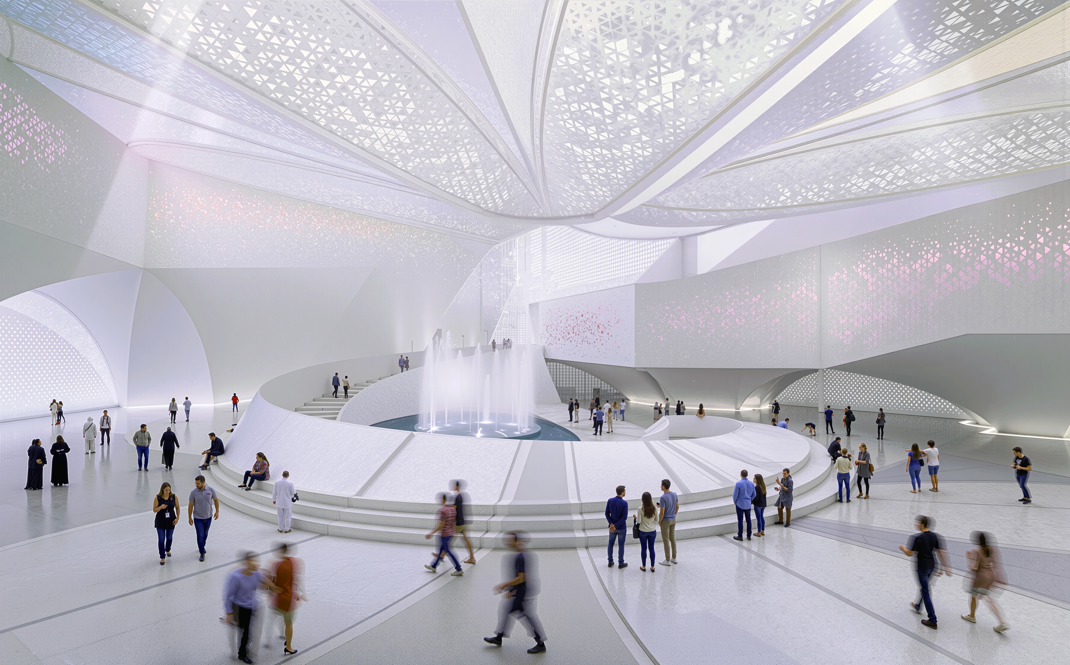 Grand central atrium interior with a patterned ceiling canopy, central water feature, and visitors exploring the circular hall