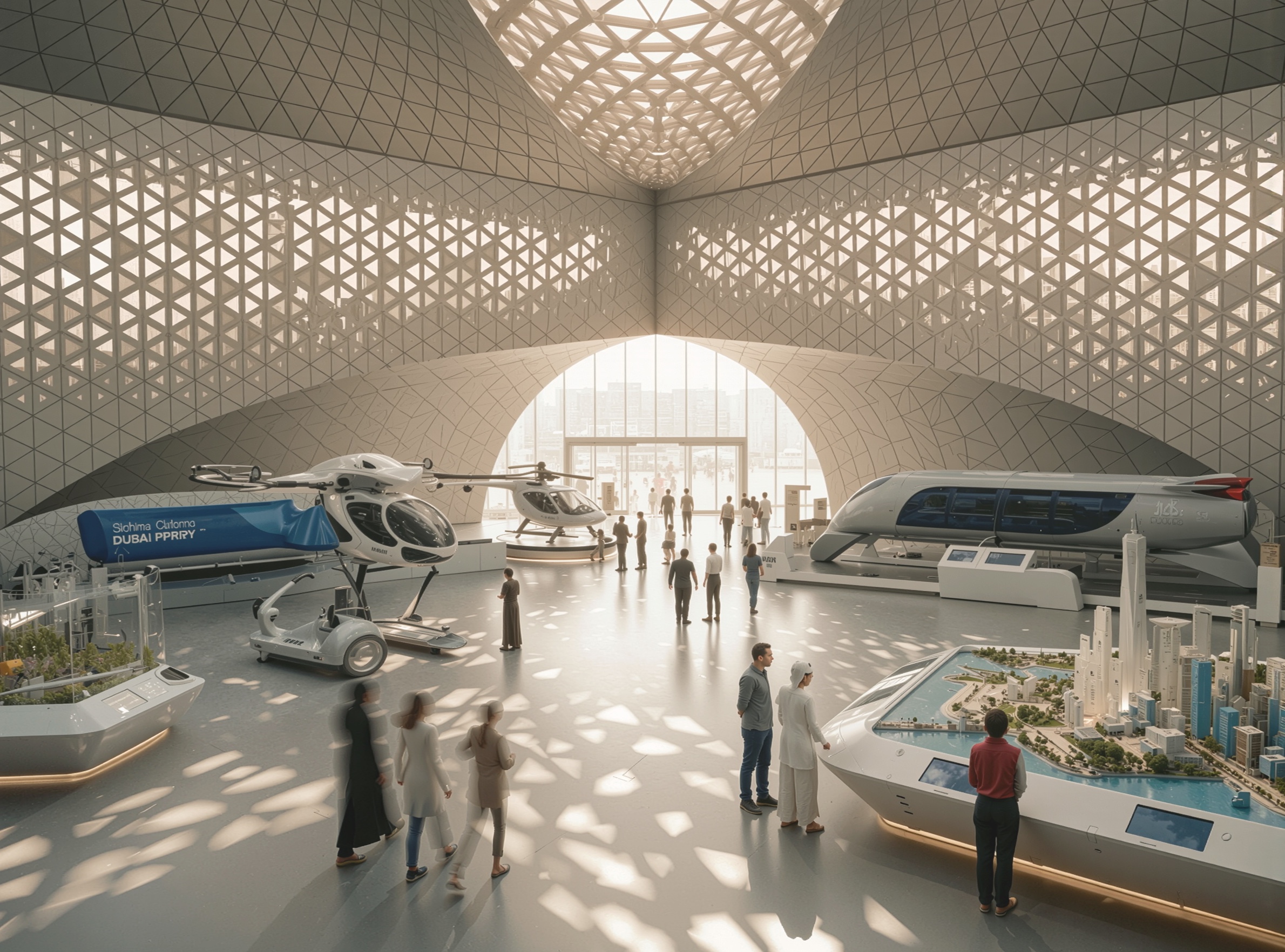 Exhibition hall interior with a soaring triangulated ceiling, natural light, and displays featuring transportation and city models
