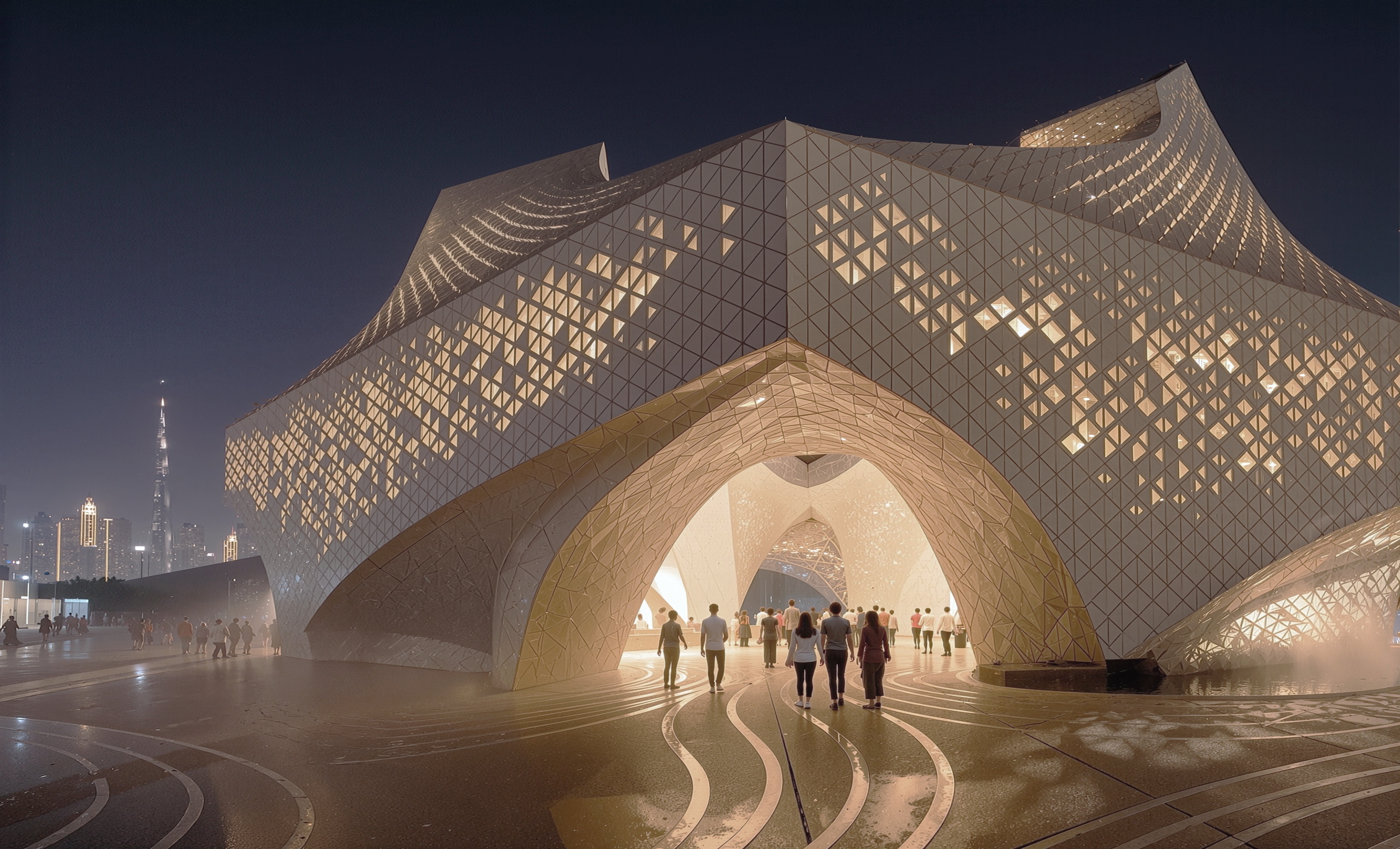 Night view of the Dubai 2020 Expo Pavilion entrance with an illuminated pointed archway, latticed facade glowing warmly, and the Burj Khalifa visible in the background