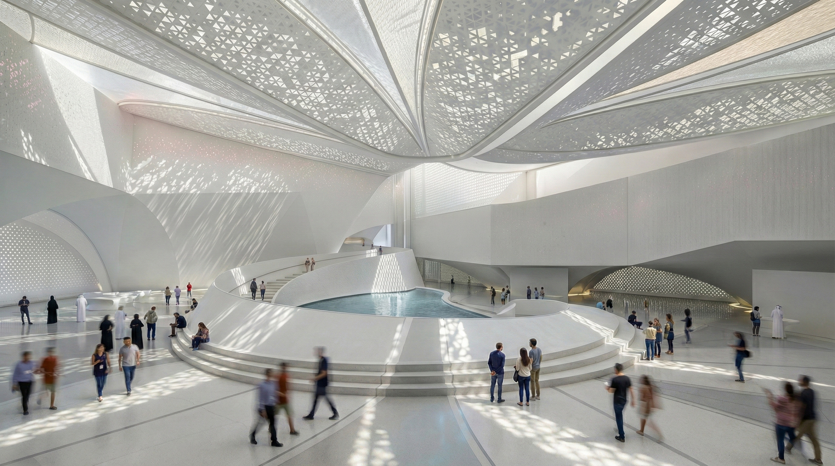 Interior hall with dramatic dappled light filtering through the patterned ceiling onto visitors gathered around a central water basin