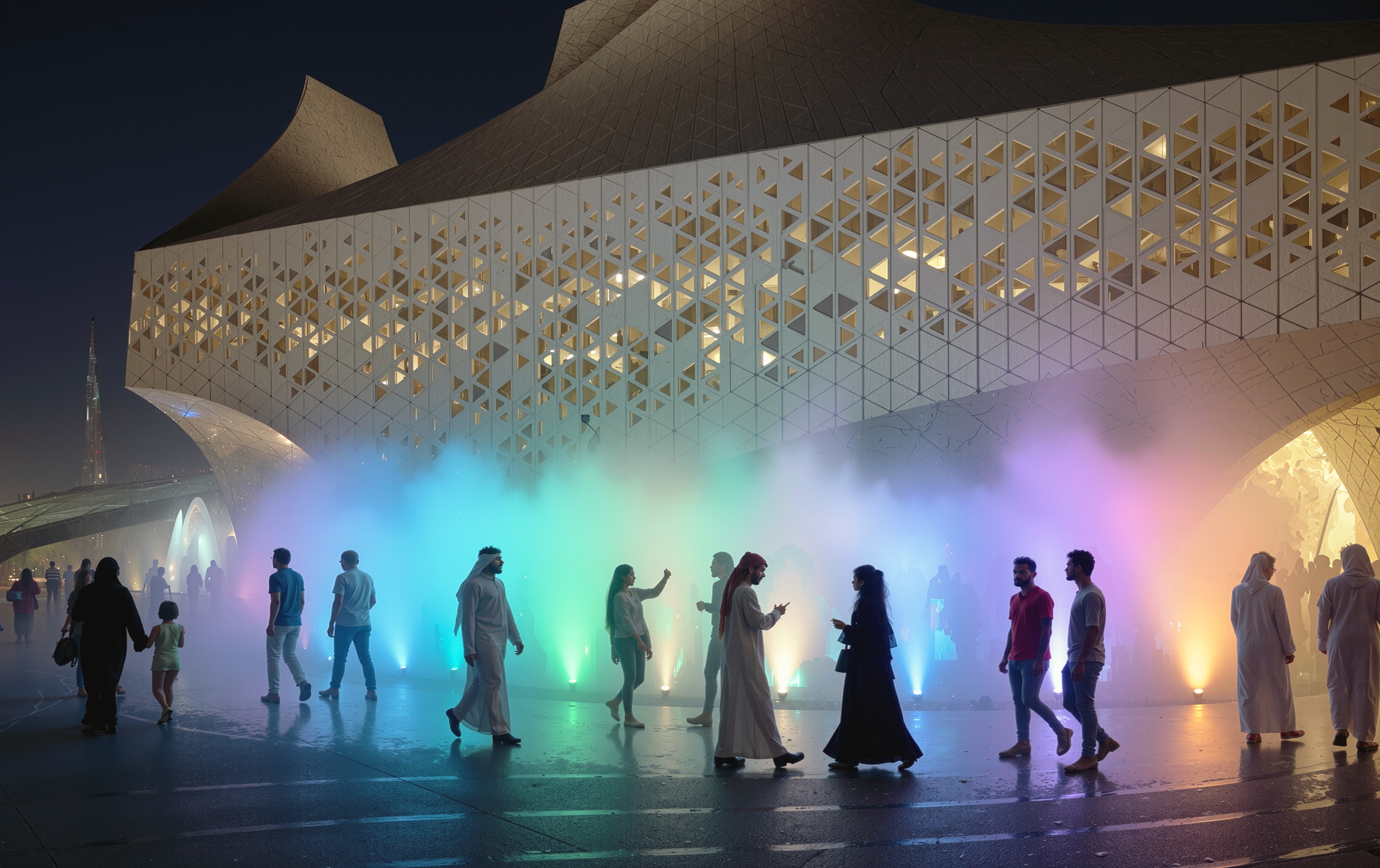 Visitors silhouetted against colorful illuminated mist jets along the pavilion facade at night