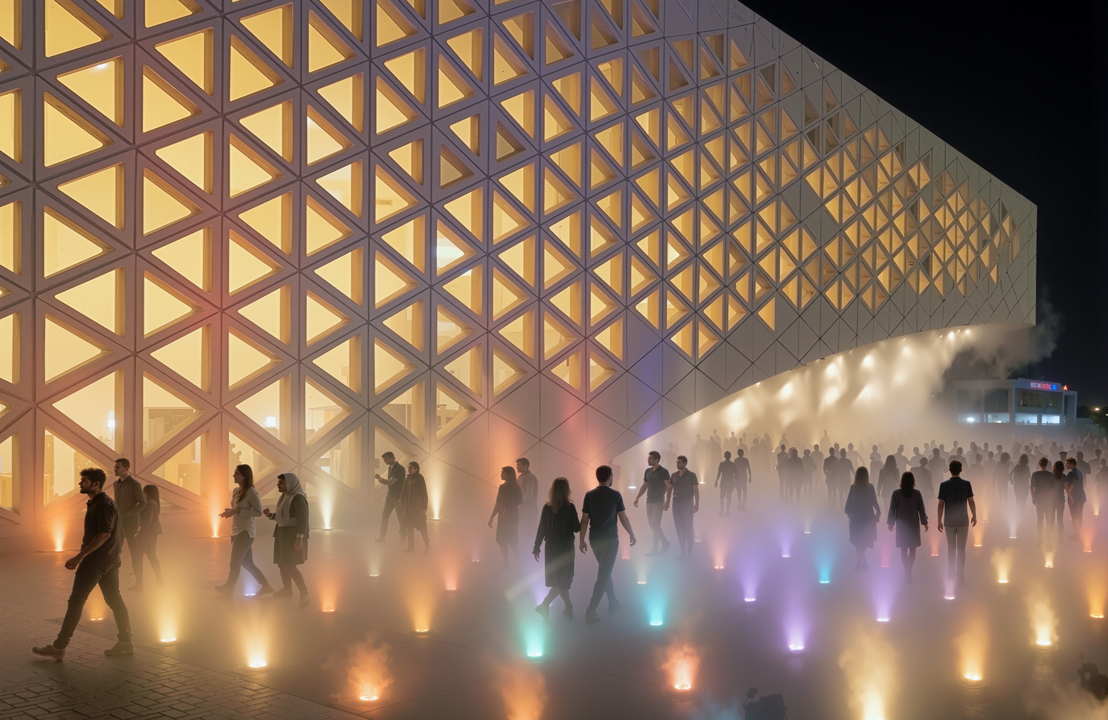 Night view of the triangular lattice facade illuminated in warm tones with colorful fountain jets and visitors walking through mist