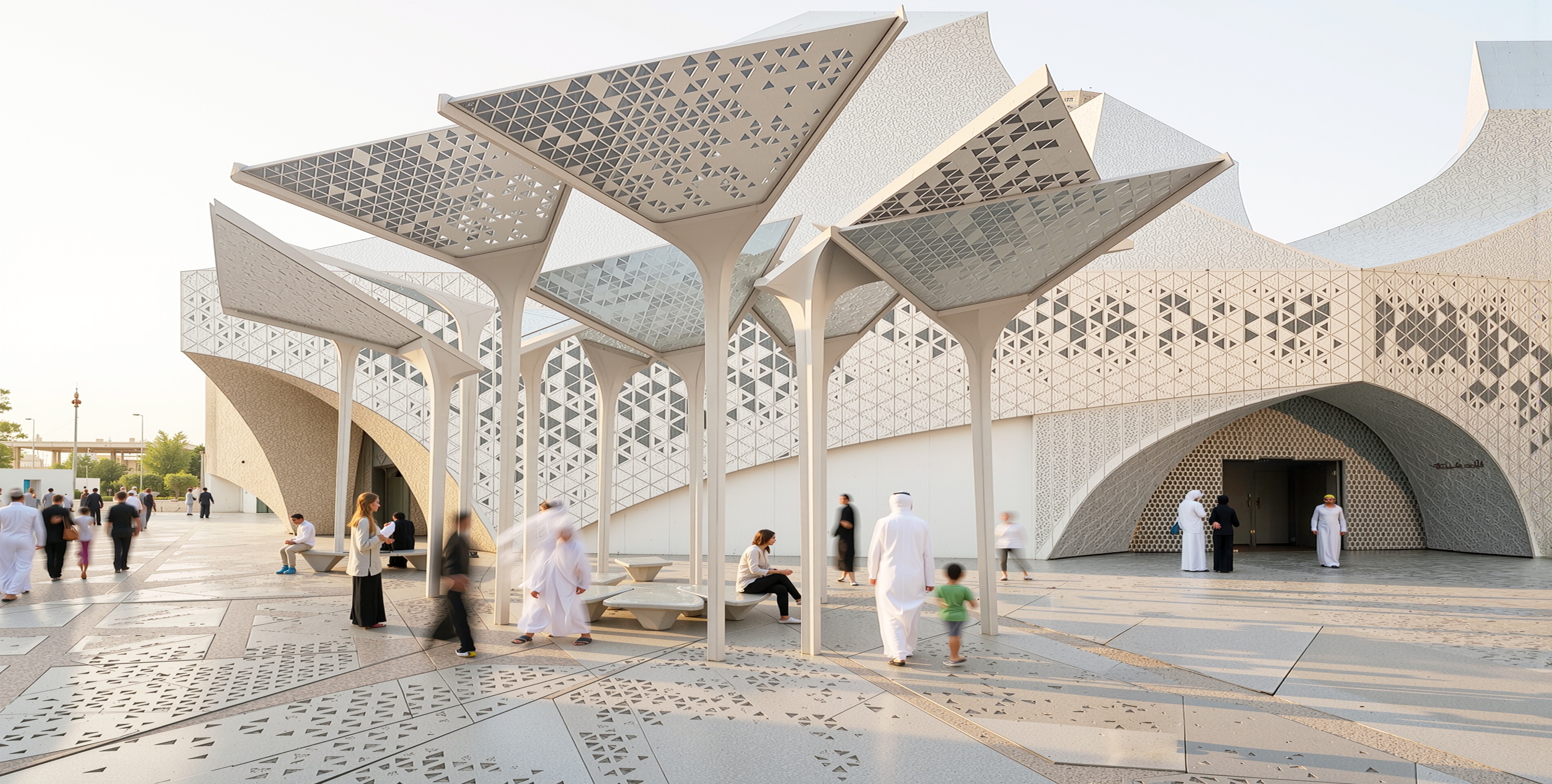 Outdoor shaded seating area with tree-like perforated canopy columns and visitors in traditional dress