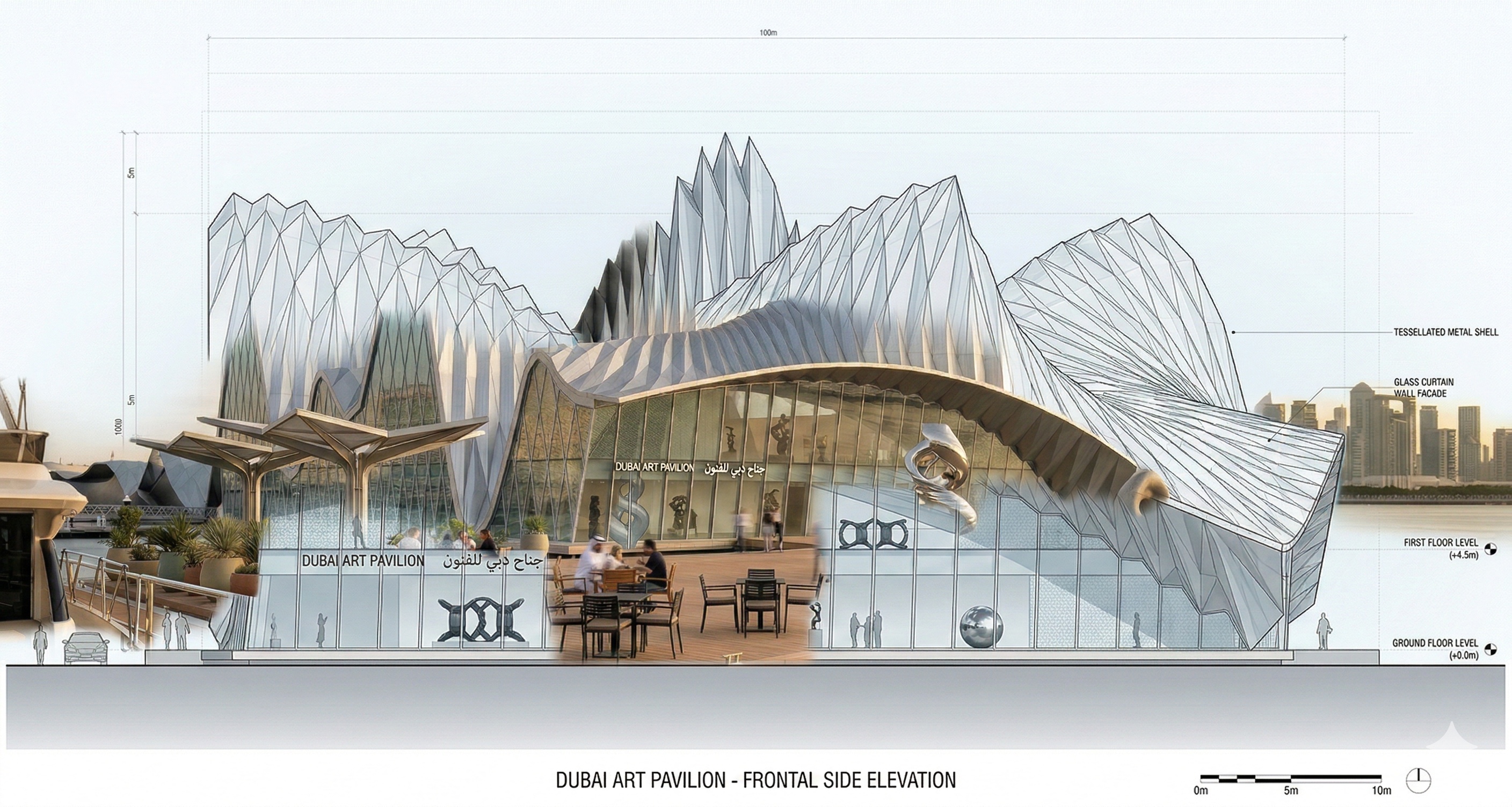 Frontal side elevation drawing of the Dubai Art Pavilion revealing the layered metal shell structure, glass curtain wall, and interior programmatic layout