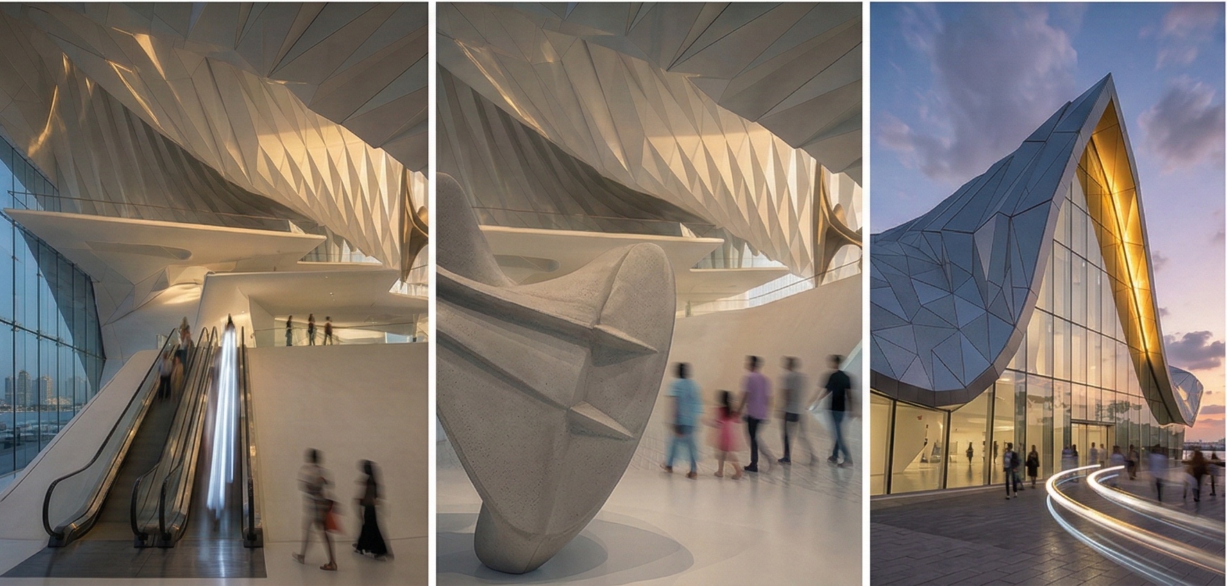 Triptych of interior and exterior views showing the faceted ceiling above escalators, a sculptural atrium lobby with visitors, and the angular facade detail at dusk