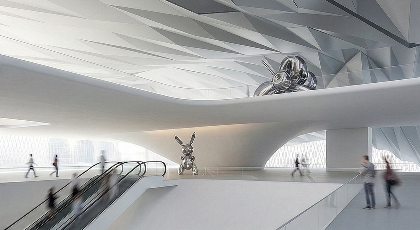 Interior lobby with escalators ascending beneath a dramatically folded white ceiling, with art sculptures displayed on the gallery floor