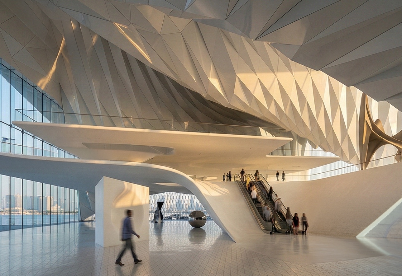 Grand atrium interior with angular faceted ceiling canopy in white, visitors on escalators, and a large sculptural artwork on the main floor