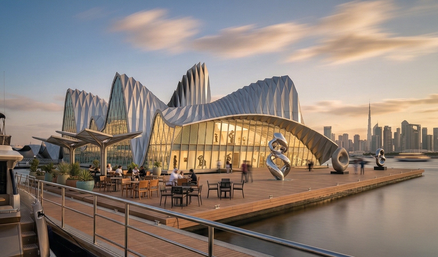 Exterior waterfront terrace at dusk with outdoor dining areas, sculptural installations on the timber deck, and the building's illuminated facade behind