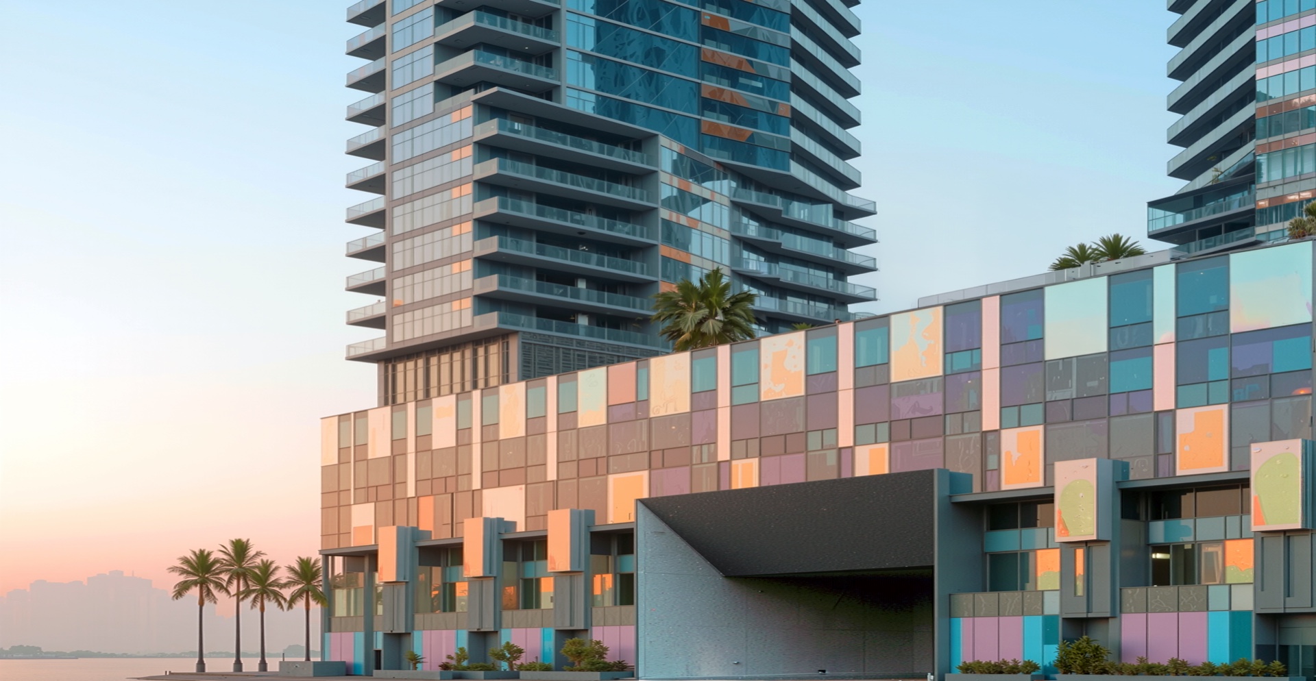 Twin glass towers of Edgewater at sunset with an iridescent multi-colored podium facade reflecting warm evening light