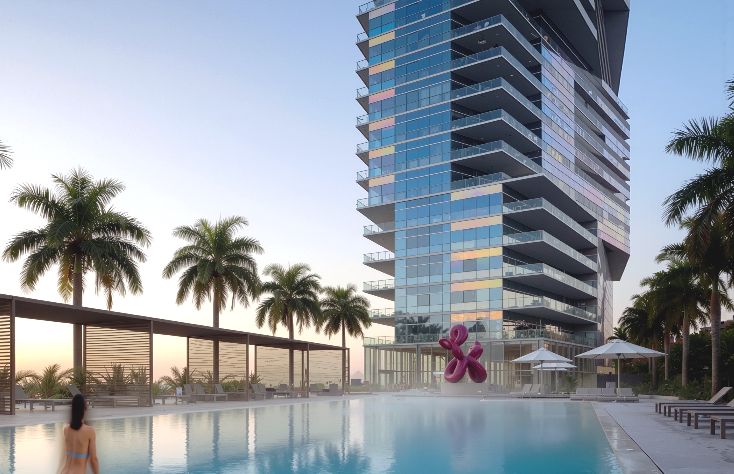 Poolside view of the Edgewater Towers rising above a resort-style amenity deck with palm trees and a pink balloon dog sculpture