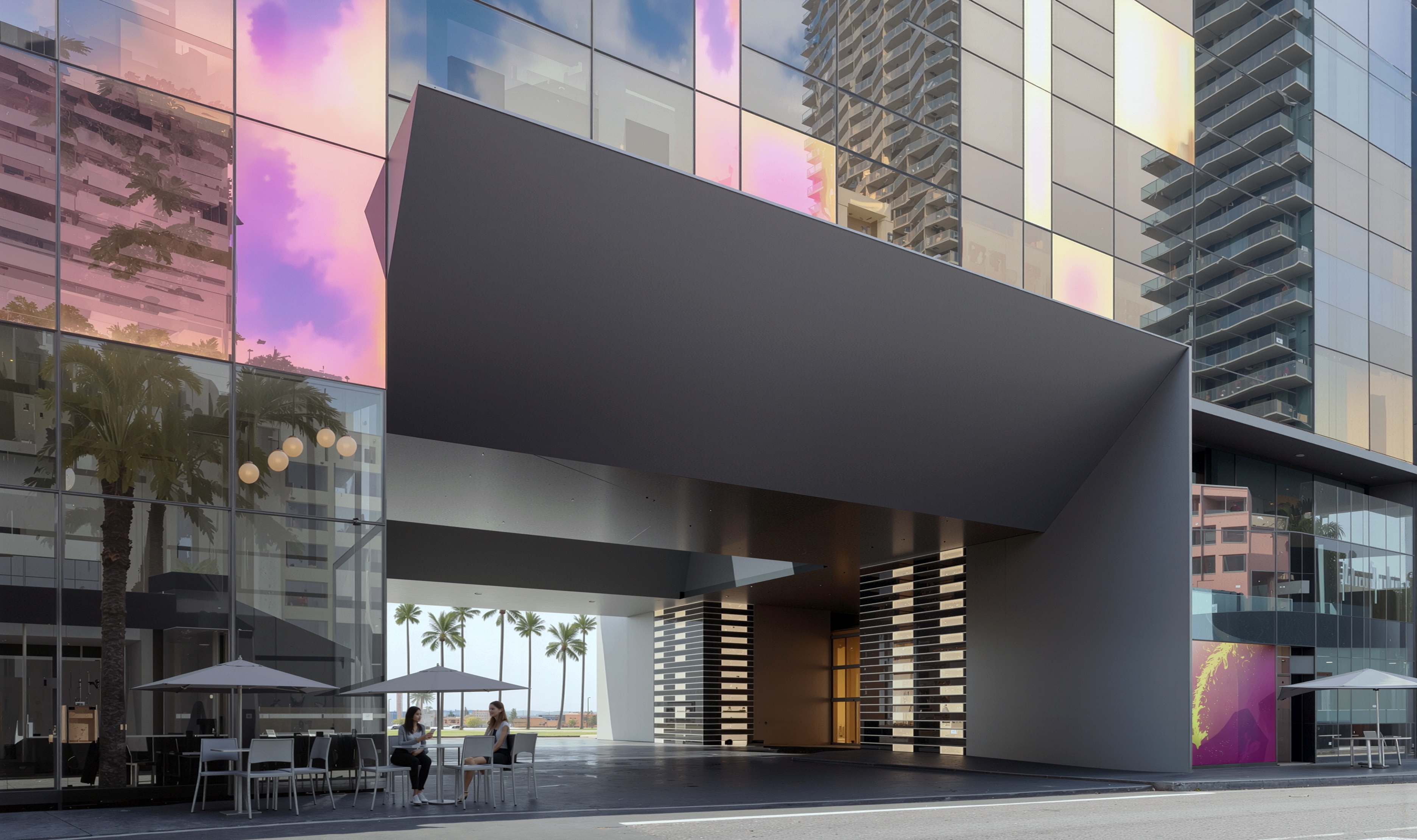 Street-level view of the podium entrance featuring a dramatic angular dark canopy over the arrival area with dichroic glass panels in pink and blue tones