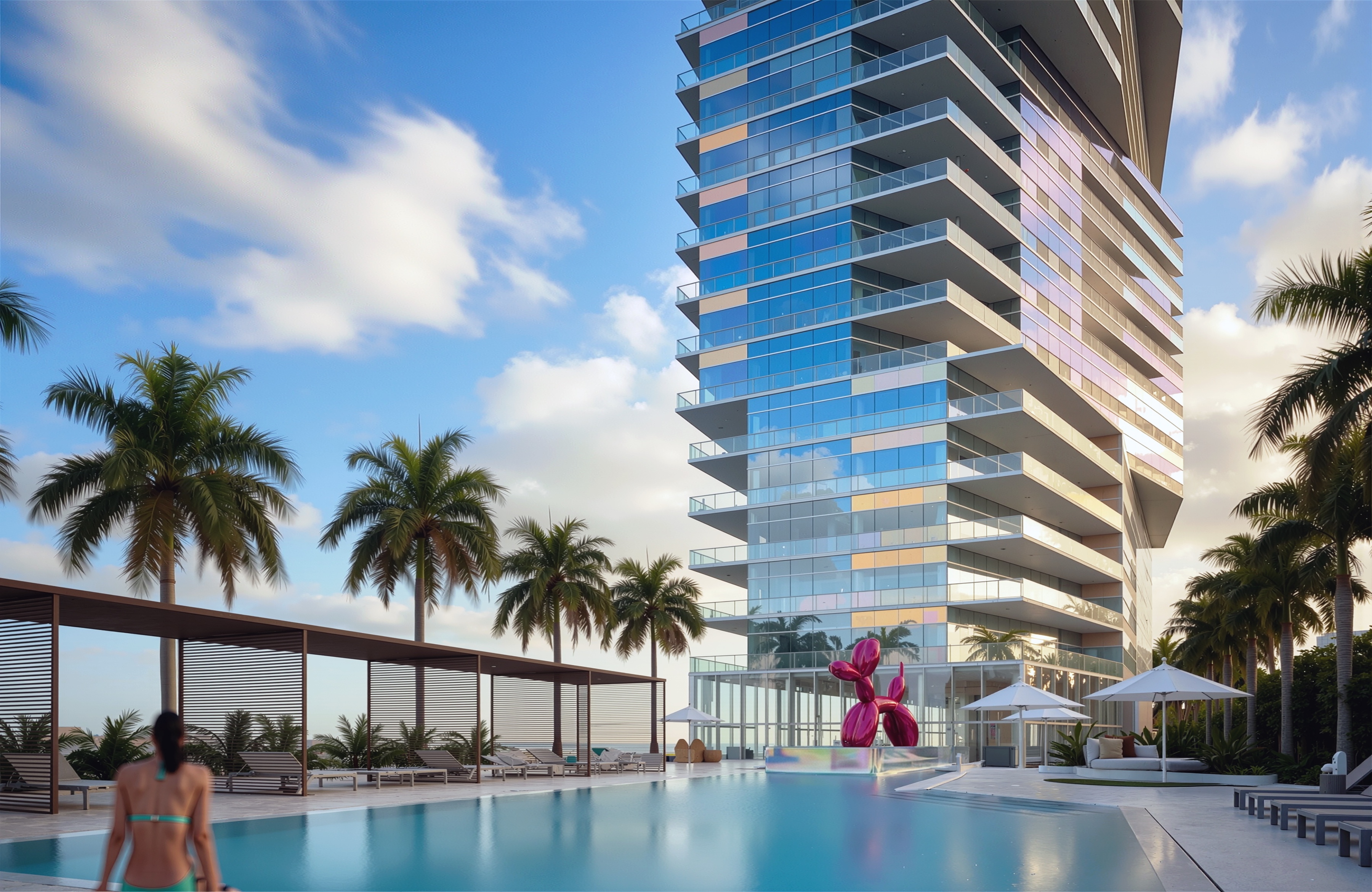 Infinity pool and amenity deck at the base of the tower with a covered cabana pavilion, palm trees, and a pink Jeff Koons-style balloon dog sculpture