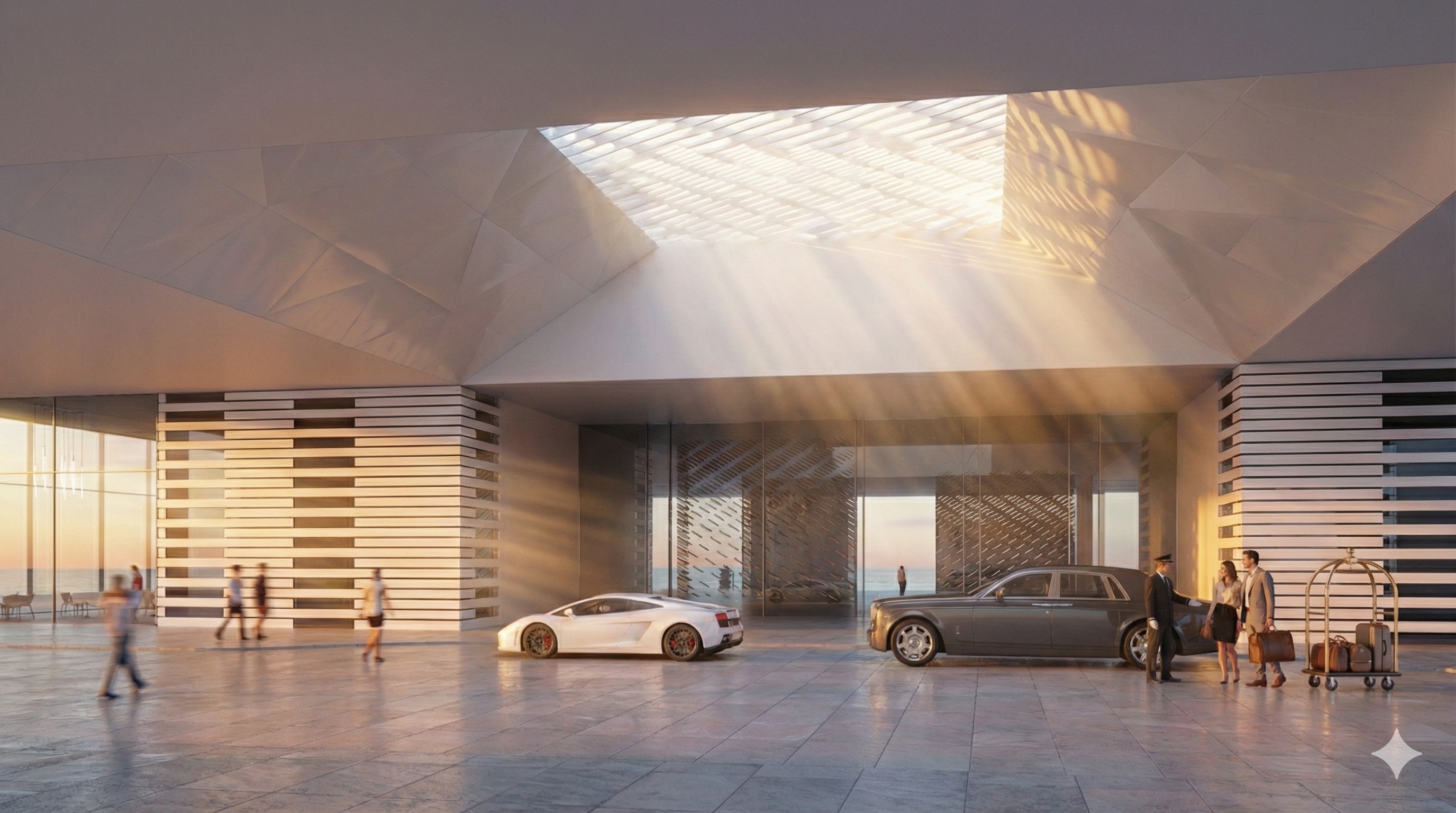Grand porte-cochere with a faceted geometric ceiling skylight flooding the arrival area with golden light, with luxury vehicles beneath