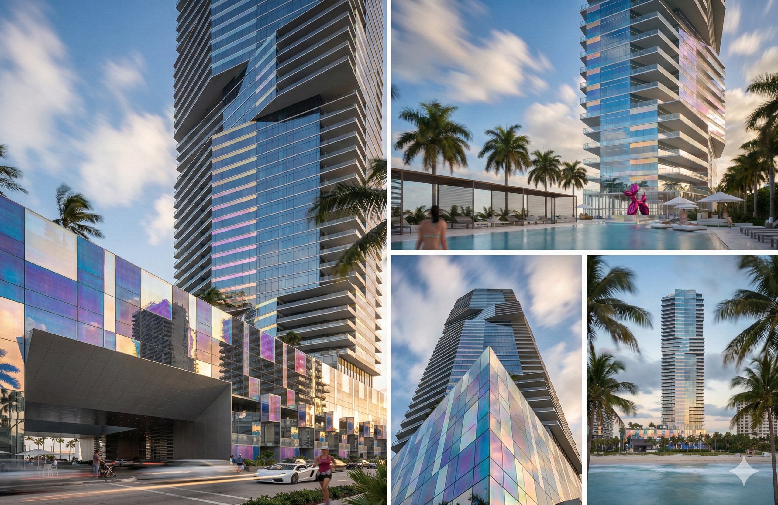 Four-image montage showing different perspectives of the Edgewater Towers including the podium facade, pool deck, and beachfront context