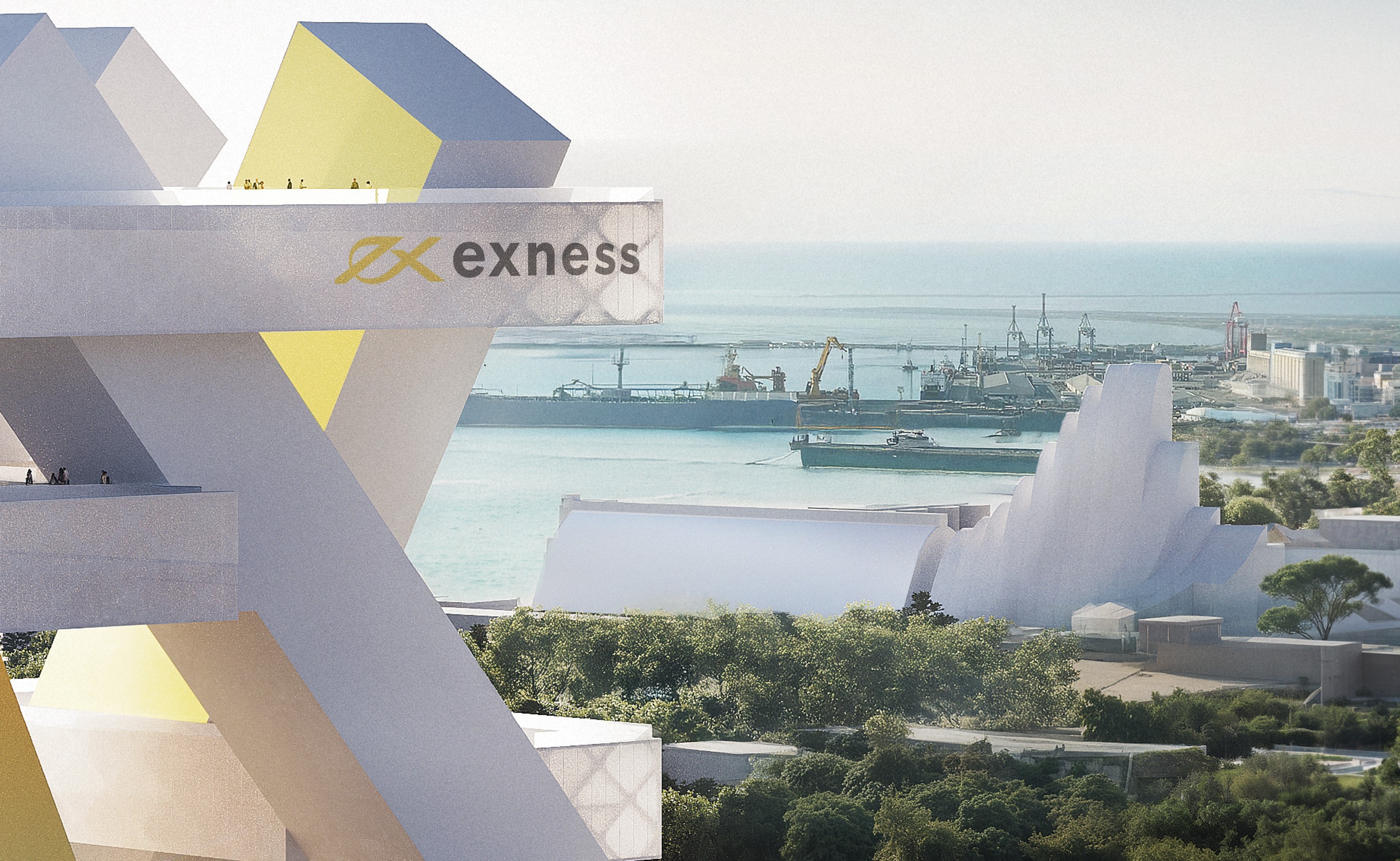 Aerial view of the Exness Headquarters upper levels with brand signage, overlooking Limassol port and the Mediterranean