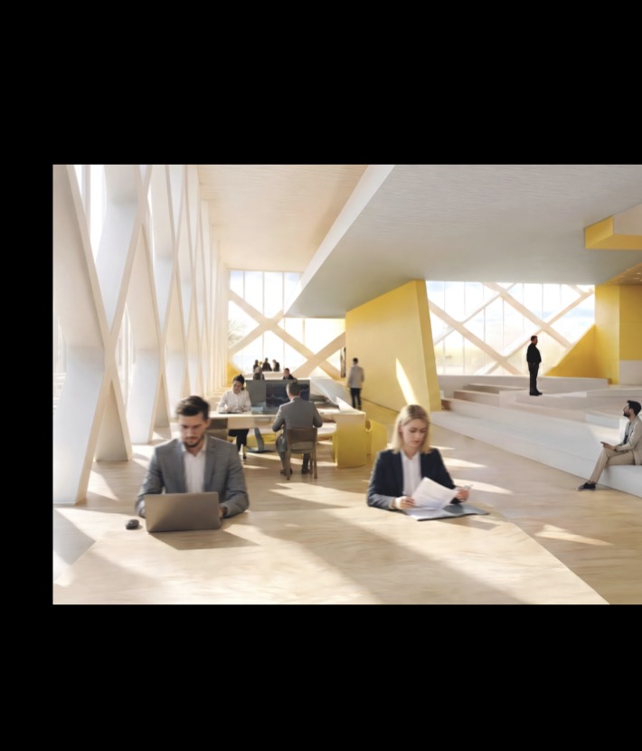 Exness Headquarters collaborative workspace with stepped seating and sculptural art