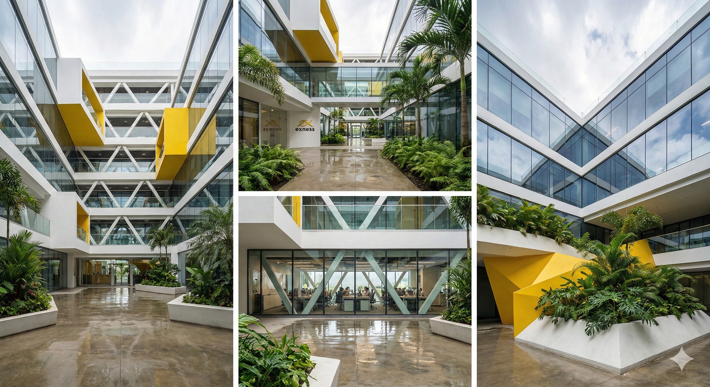 Five views of the Exness Headquarters interior courtyards showing tropical landscaping within diamond-lattice structural glazing and yellow accent volumes
