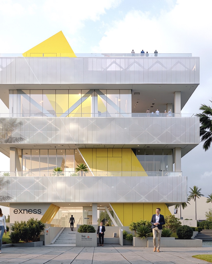 Exness Headquarters entrance level with interlocking volumes and yellow brand accents