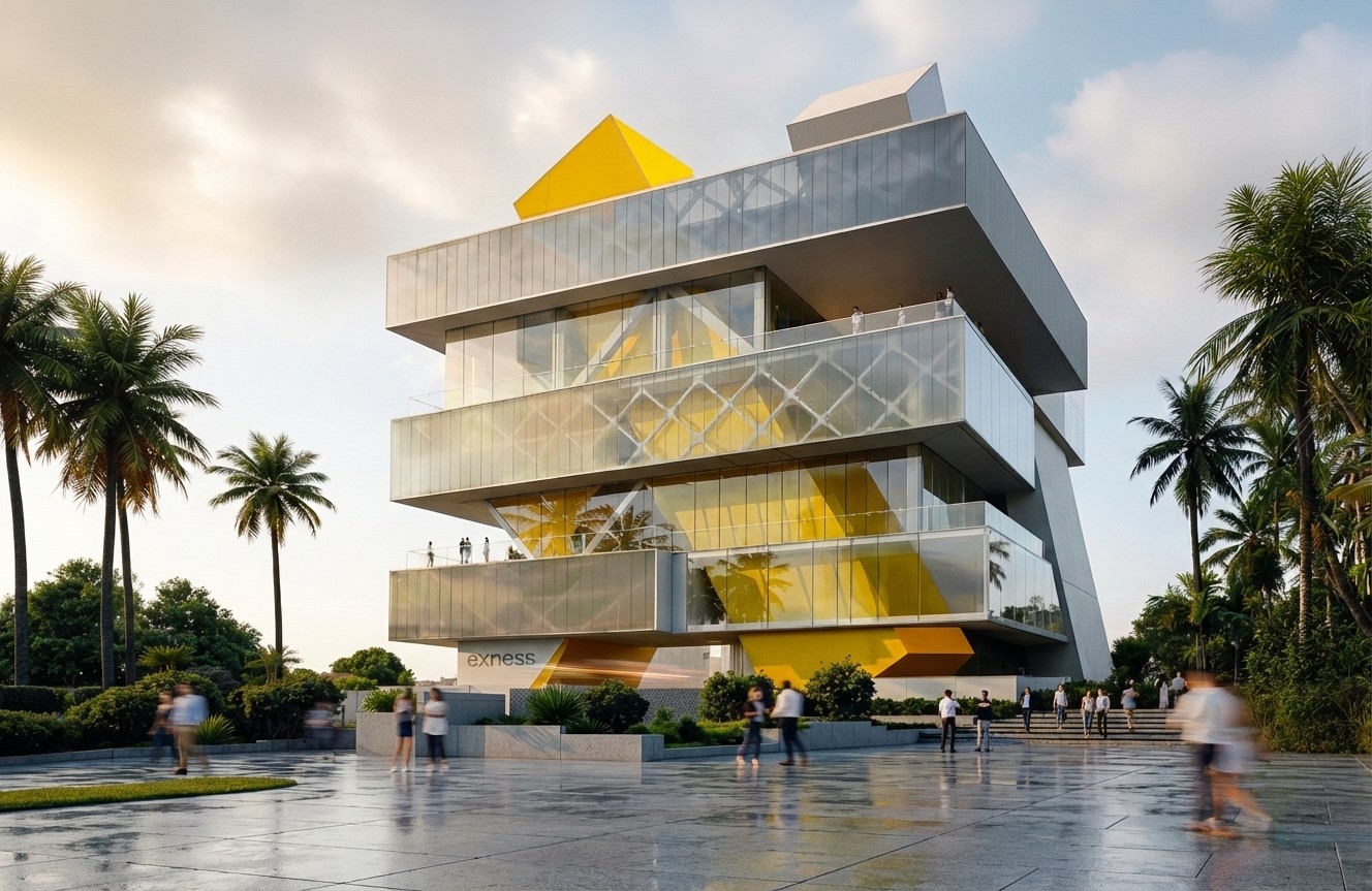 Exness Global Headquarters full building exterior showing interlocking volumes with yellow accents, palm trees, and pedestrians on the plaza