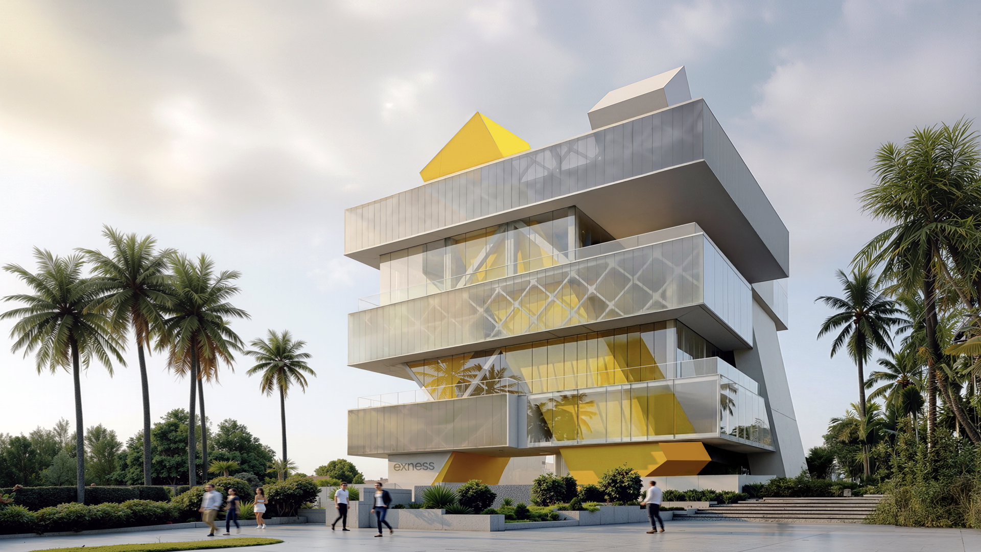 Exness Global Headquarters full building view with interlocking volumes and palm trees