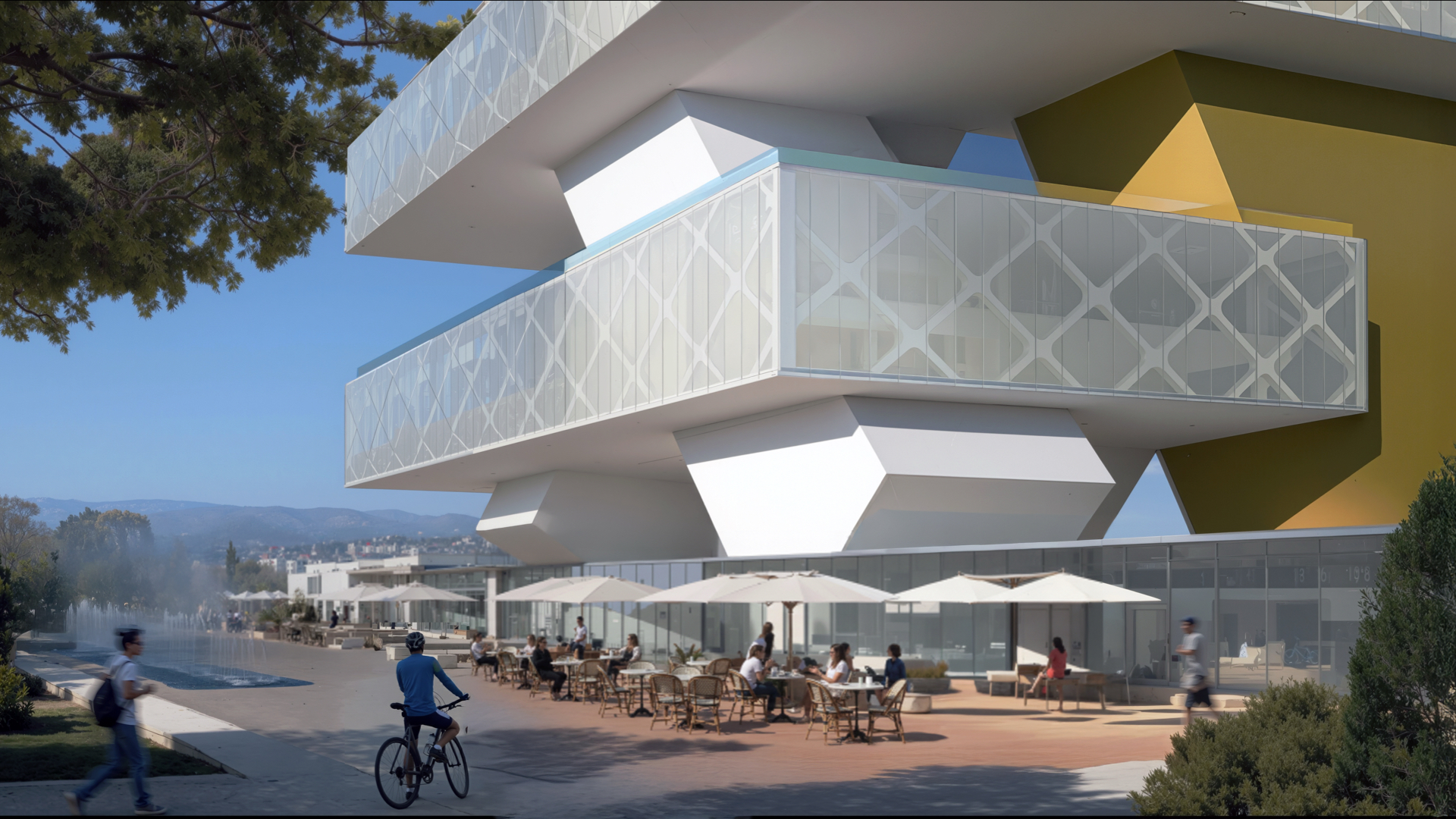 Exness Headquarters plaza level with outdoor café seating, cyclist, and faceted building base