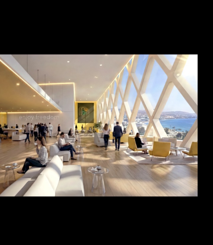 Exness Headquarters social lounge with Mediterranean views through diamond glazing