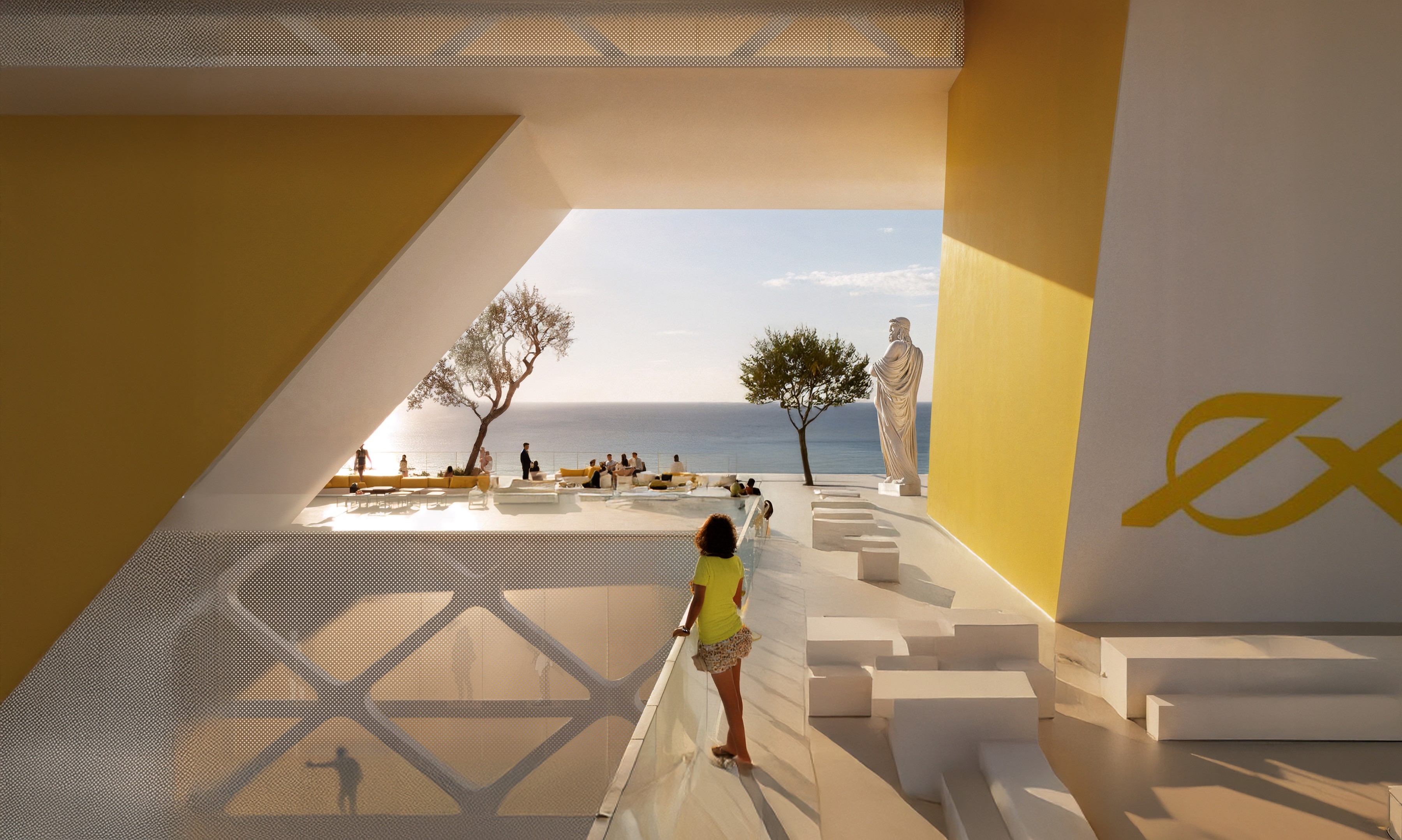 Interior terrace with stepped seating overlooking the Mediterranean, framed by angular volumes with yellow walls and a classical sculpture