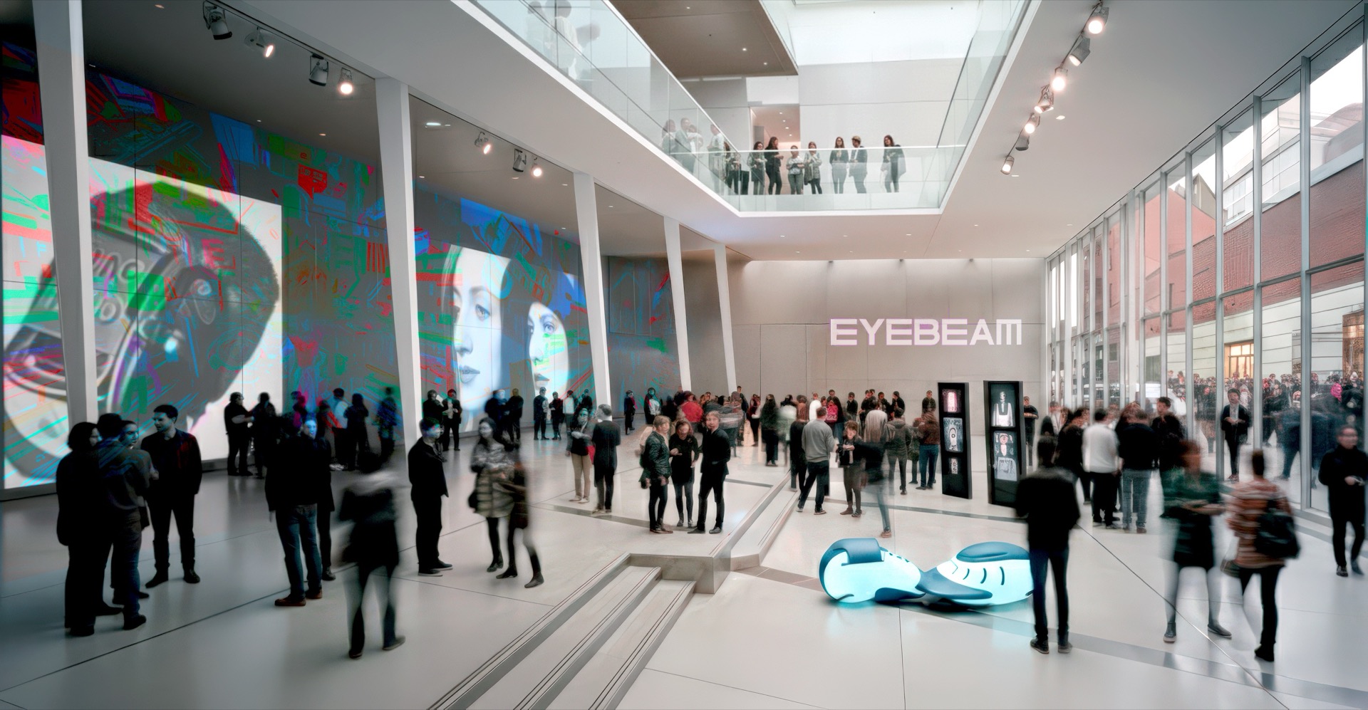 Ground-floor lobby of the Eyebeam Center with large-scale colorful digital projections, visitors, and illuminated EYEBEAM signage