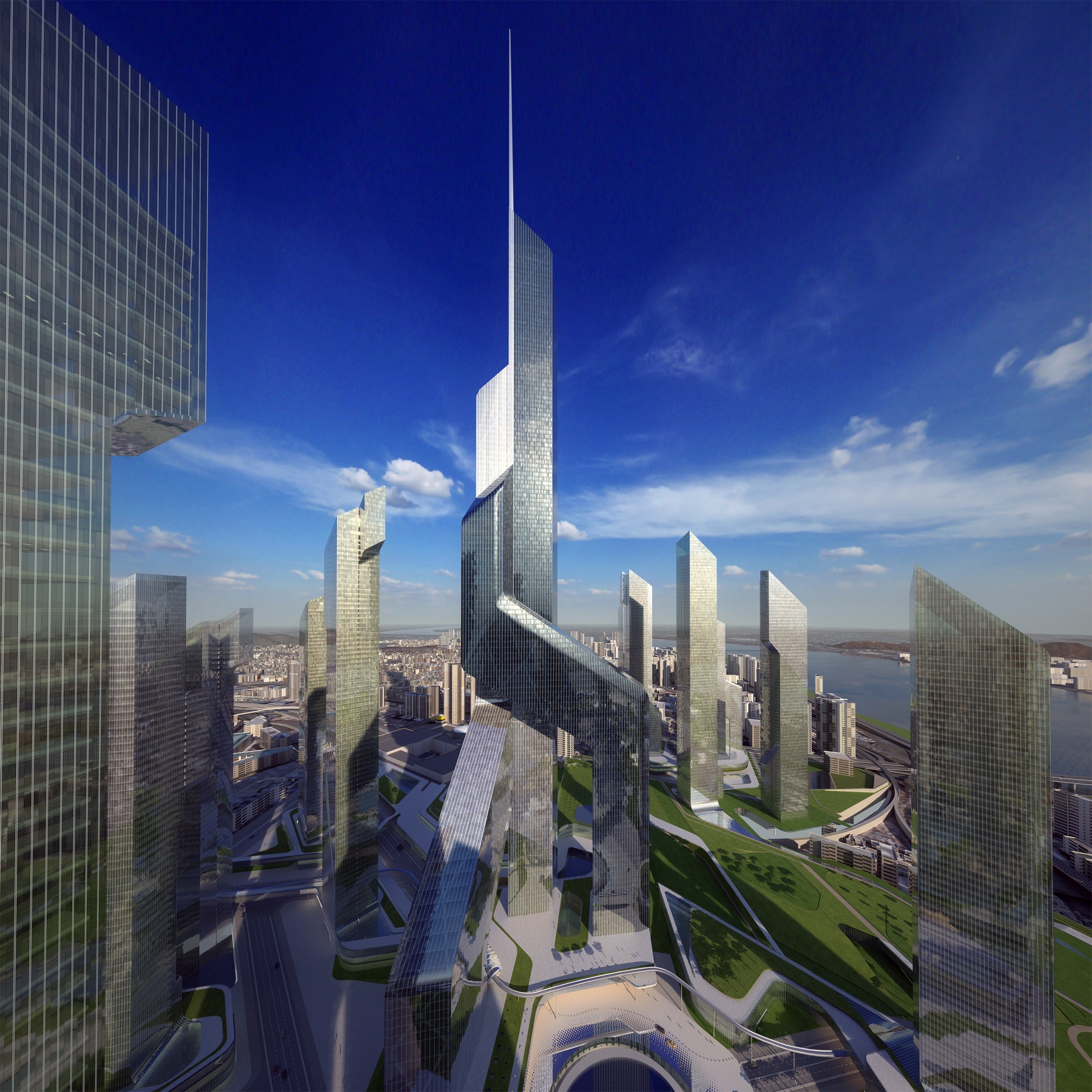 Eye-level view through the tower cluster looking toward the central landmark spire with landscaped green corridors between buildings