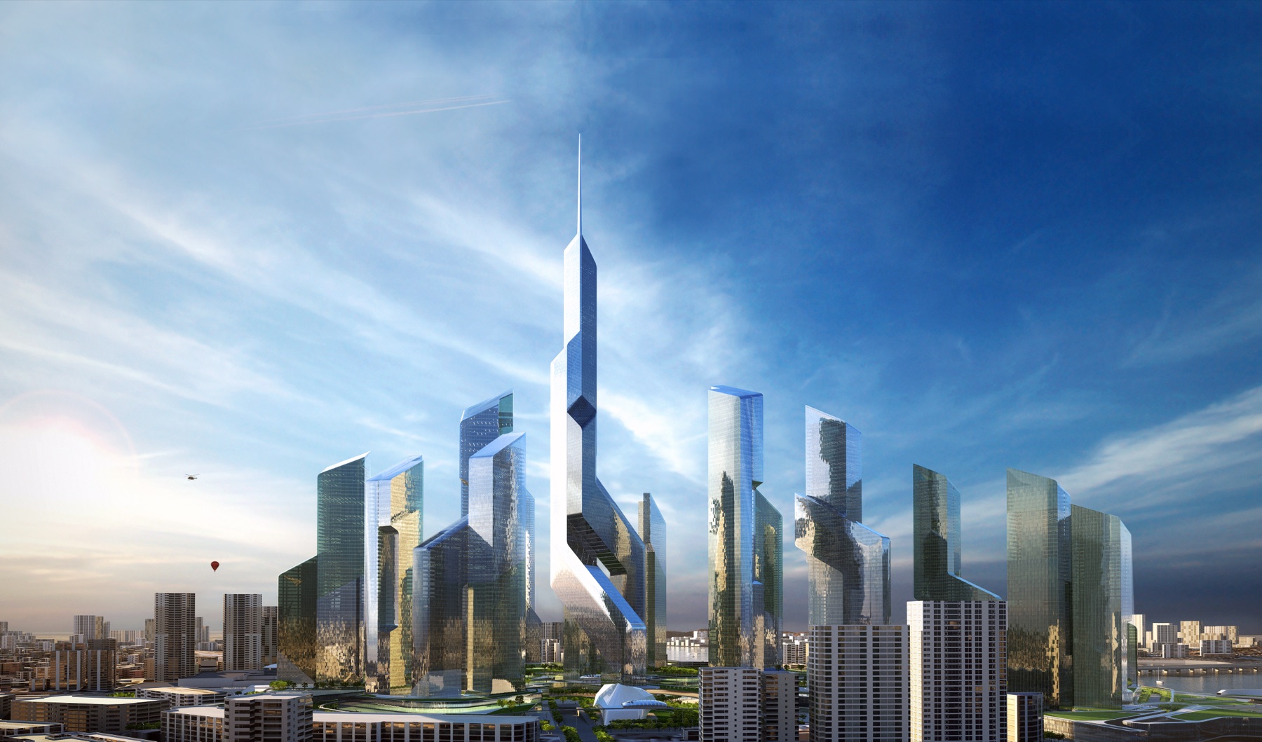 Aerial rendering of Asymptote's Yongsan Dream Hub masterplan — a cluster of crystalline towers rising above the Han River with Seoul's mountains beyond