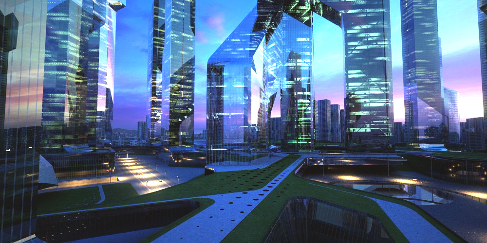 Night rendering of the district streets at dusk — illuminated tower facades casting light across landscaped boulevards