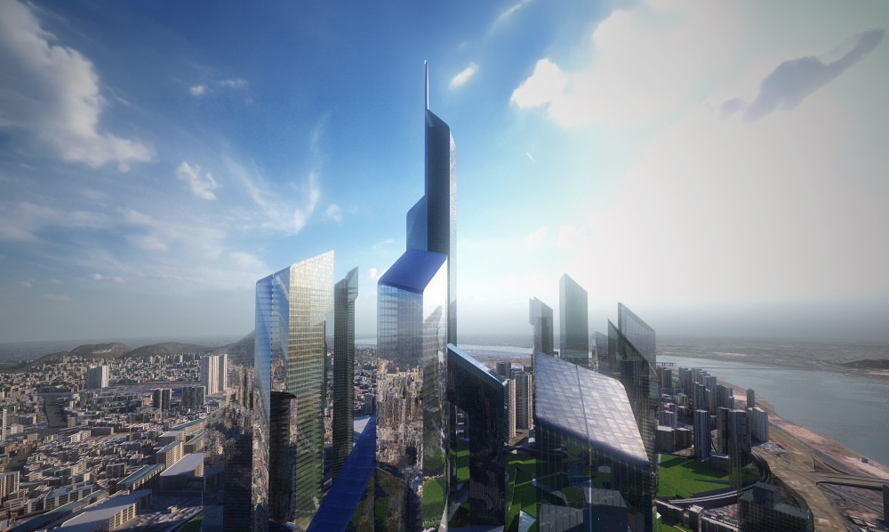 Close aerial view of the tower grouping with the tri-part landmark tower and Han River in the background