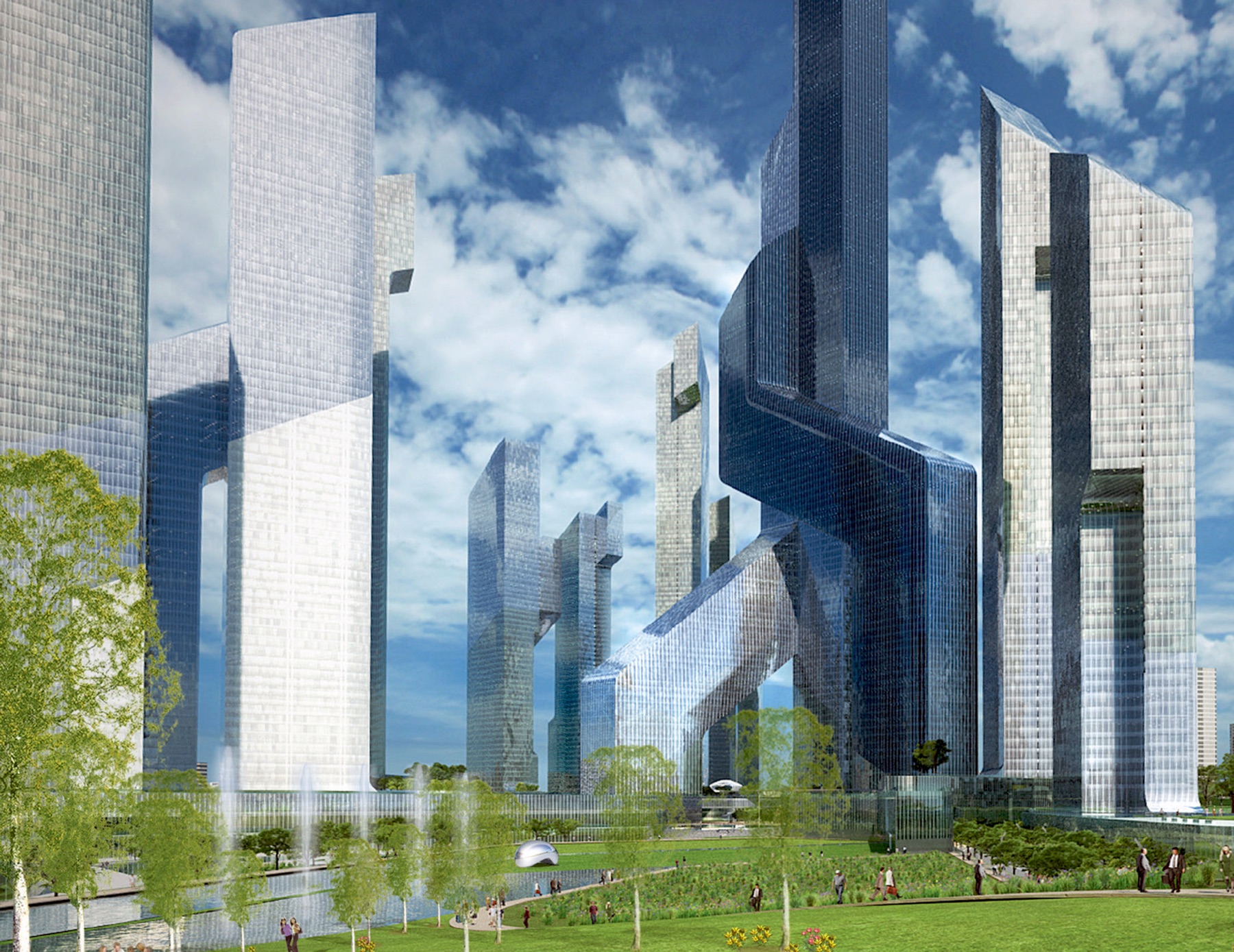 Ground-level perspective through the central park with fountains, green lawns, and the faceted tower facades rising above