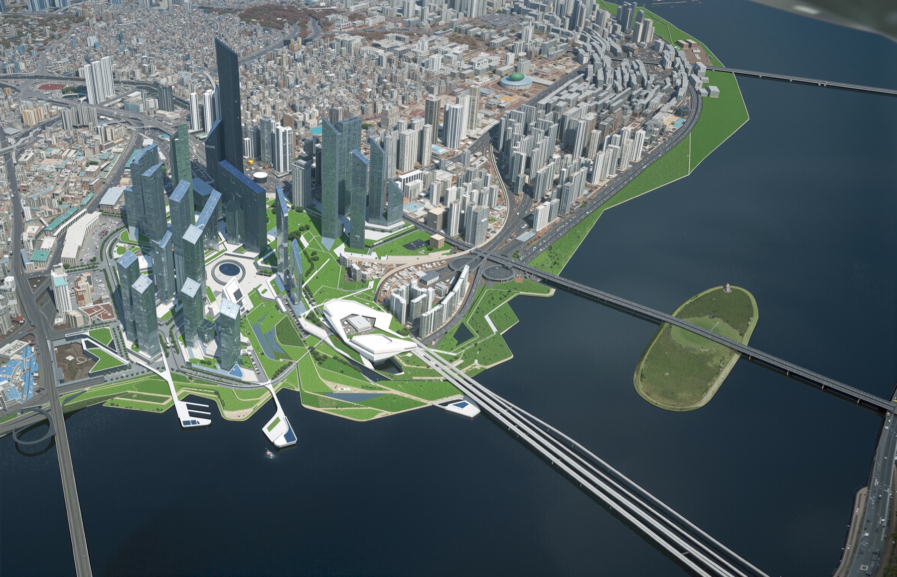 Aerial site plan showing the masterplan integrated into Seoul's urban fabric along the Han River with Yongsan Park to the east