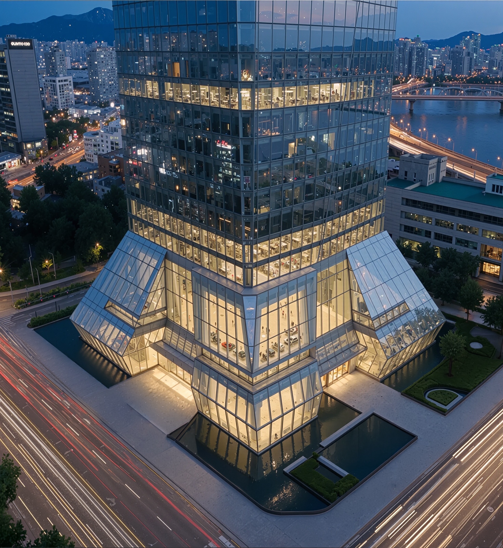 Aerial view of the FKI Tower's faceted base and urban context along the Han River