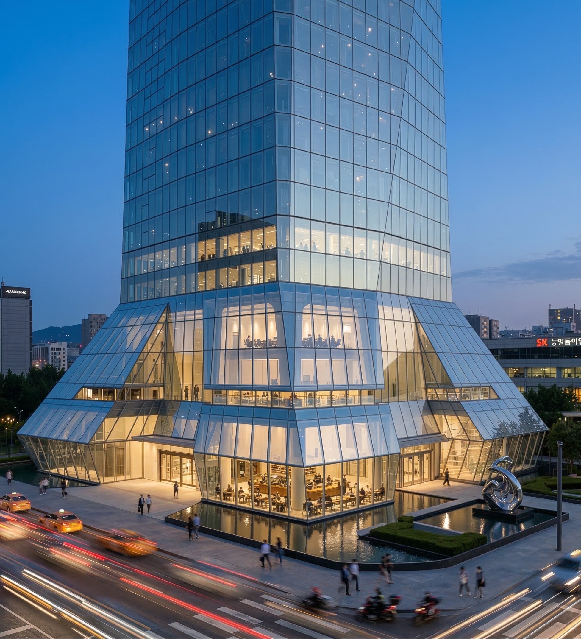 Street-level perspective showing the articulated glass base with pedestrians and reflecting pool