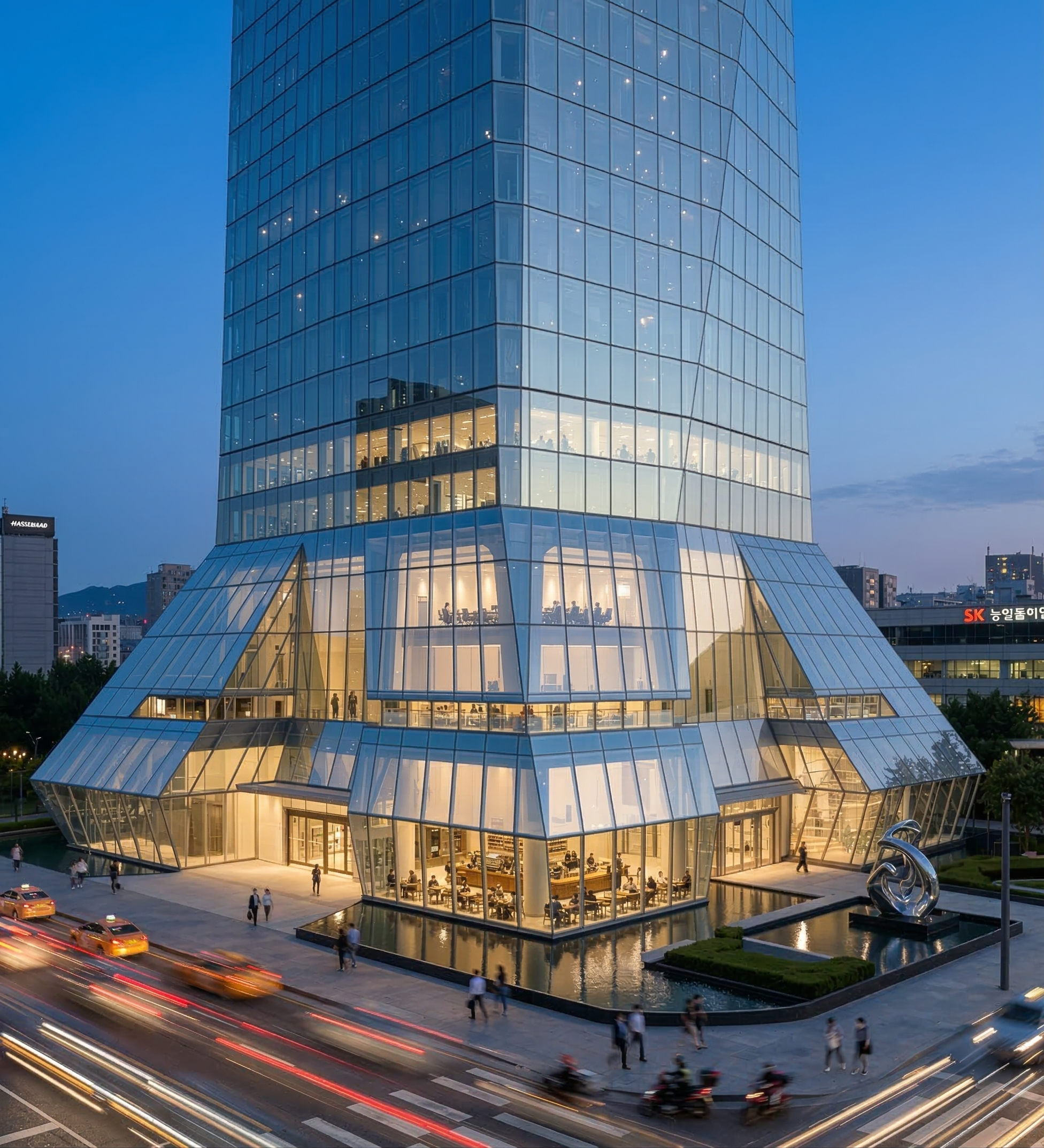 Street-level perspective showing the articulated glass base with pedestrians and reflecting pool