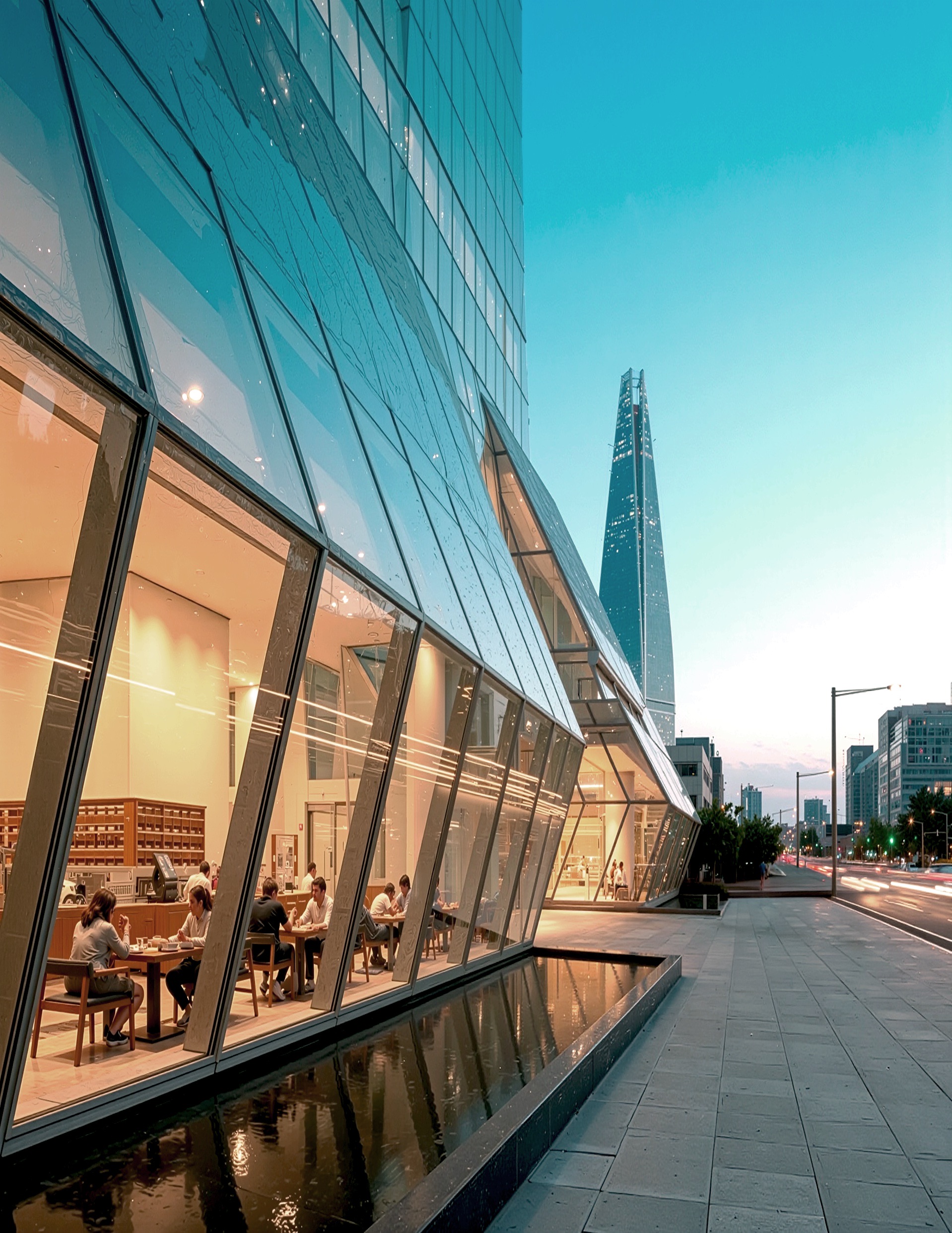 Street-level view of the tower's crystalline glass podium with restaurant terrace