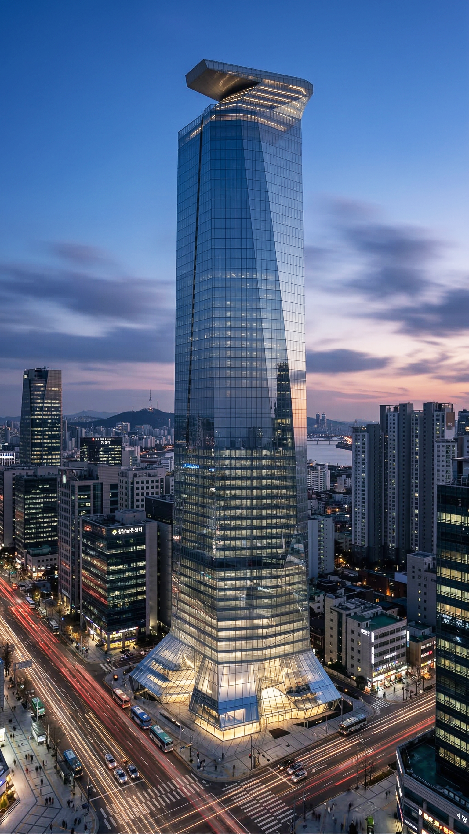 FKI Tower full exterior view — the twisting 90-story form against the Seoul skyline