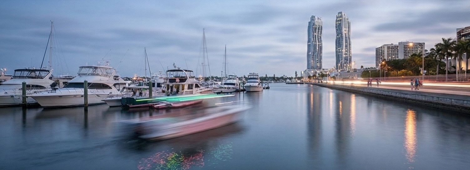 View of the twin Flagler Towers from the adjacent marina at dusk with yachts and boats in the foreground and the illuminated towers reflected in the calm harbor water