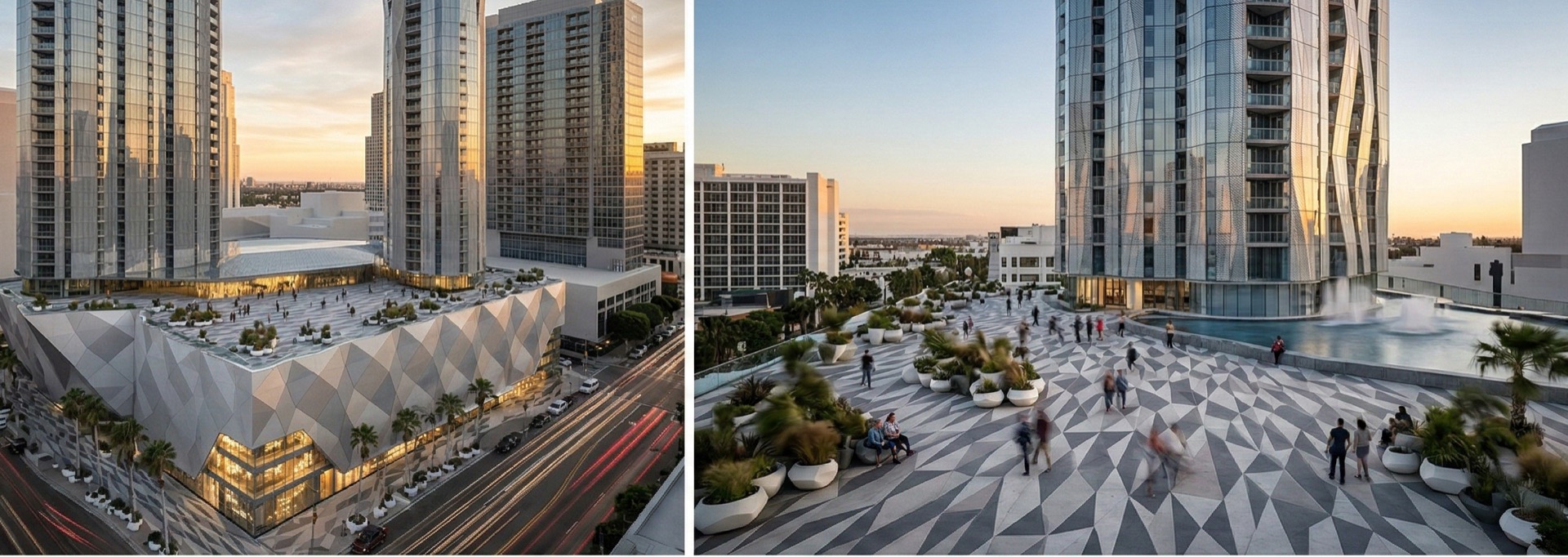 Split view showing an aerial perspective of the faceted podium rooftop with surrounding towers, and a close-up of the geometric patterned rooftop plaza with sculptural planters and visitors