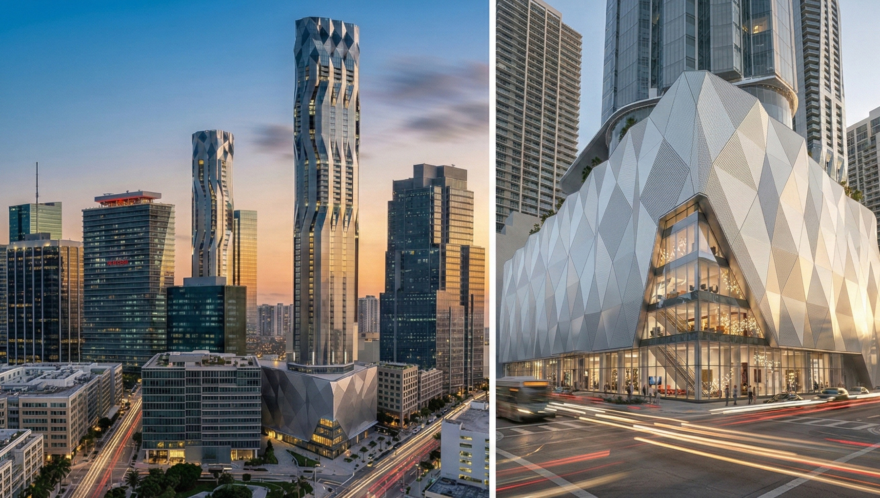 Dual view showing the full twin tower composition against the skyline alongside a close-up of the faceted metallic podium base with illuminated retail glazing at street level