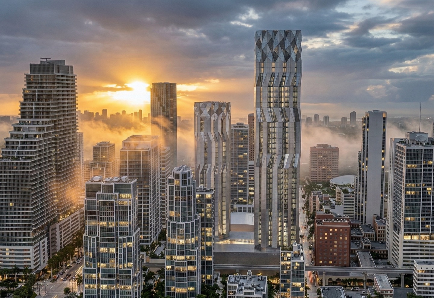 The Flagler Towers seen through dramatic morning fog and golden sunrise light with surrounding Miami high-rises partially obscured by low clouds