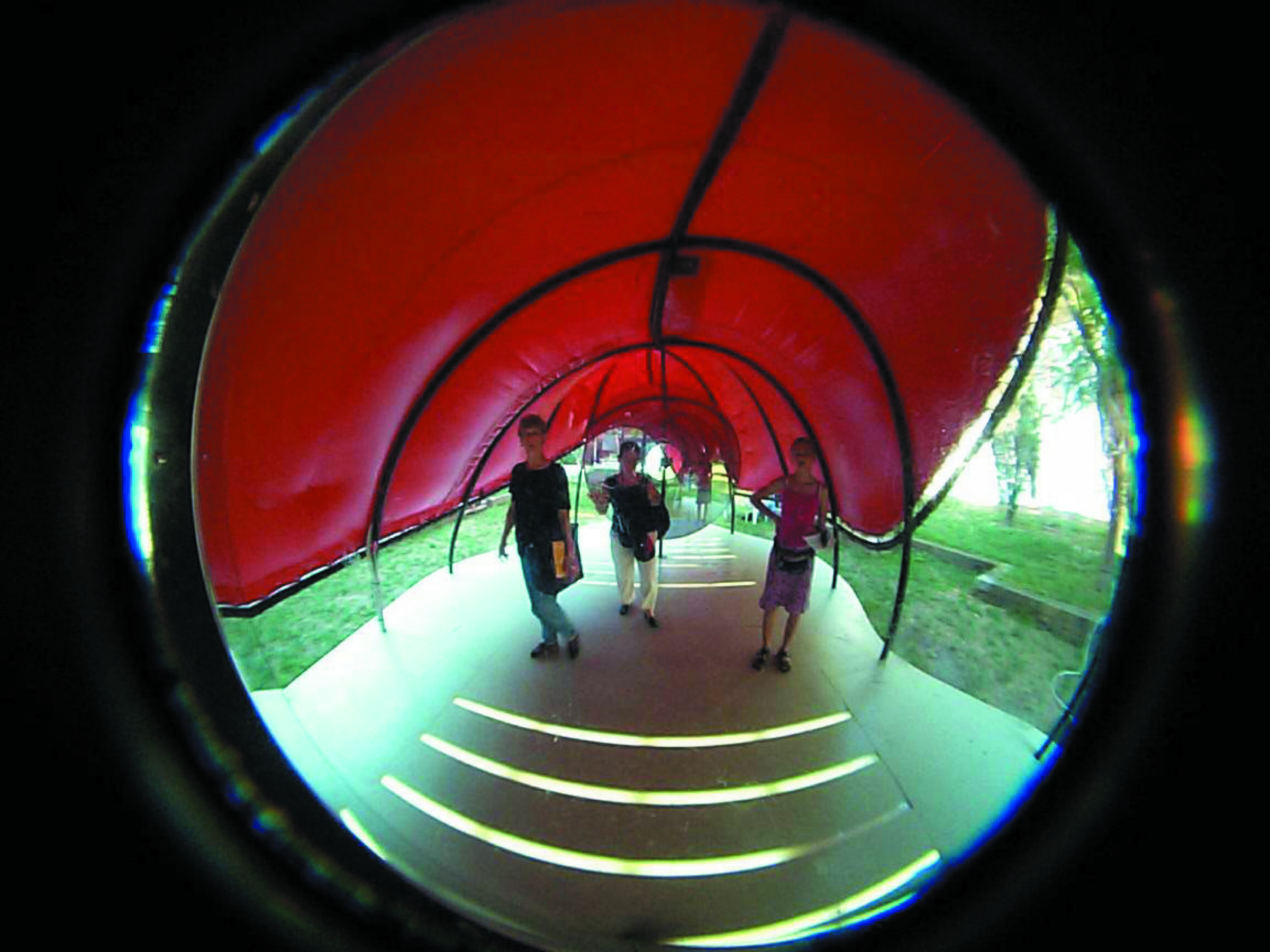 View of the FluxSpace 2.0 pavilion structure and circular glass portals