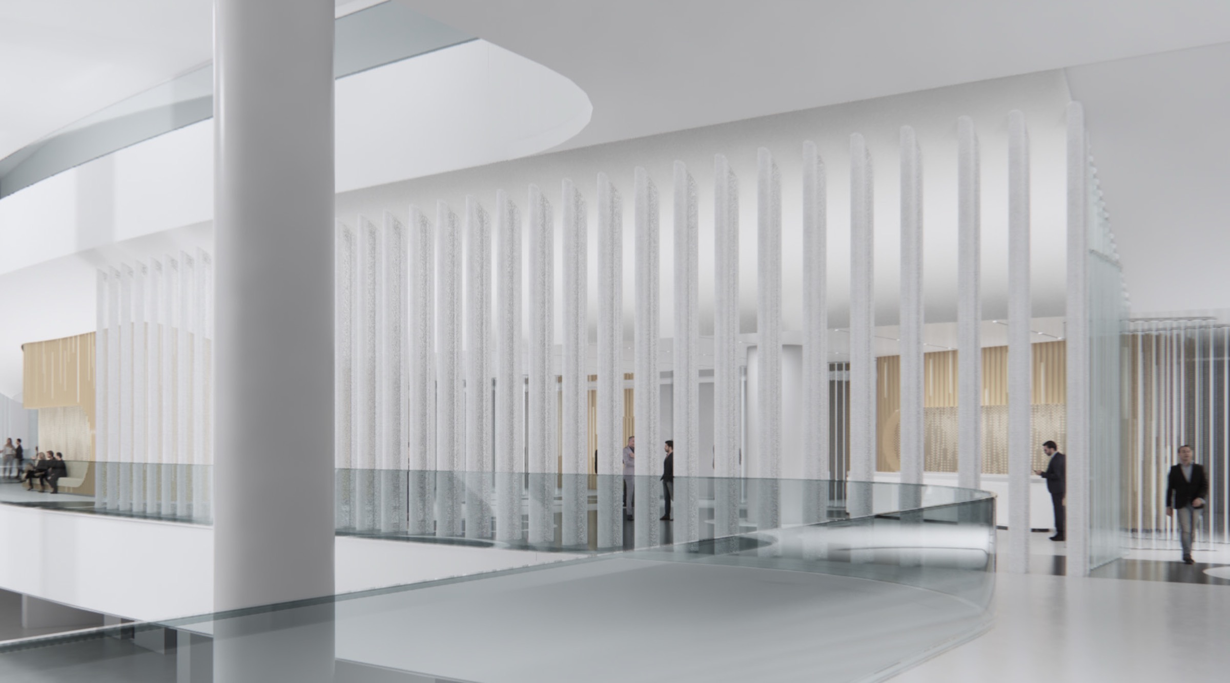 Multi-level atrium with glass balustrades, crystalline column screens, timber-clad zones visible at multiple levels, and visitors circulating through the space