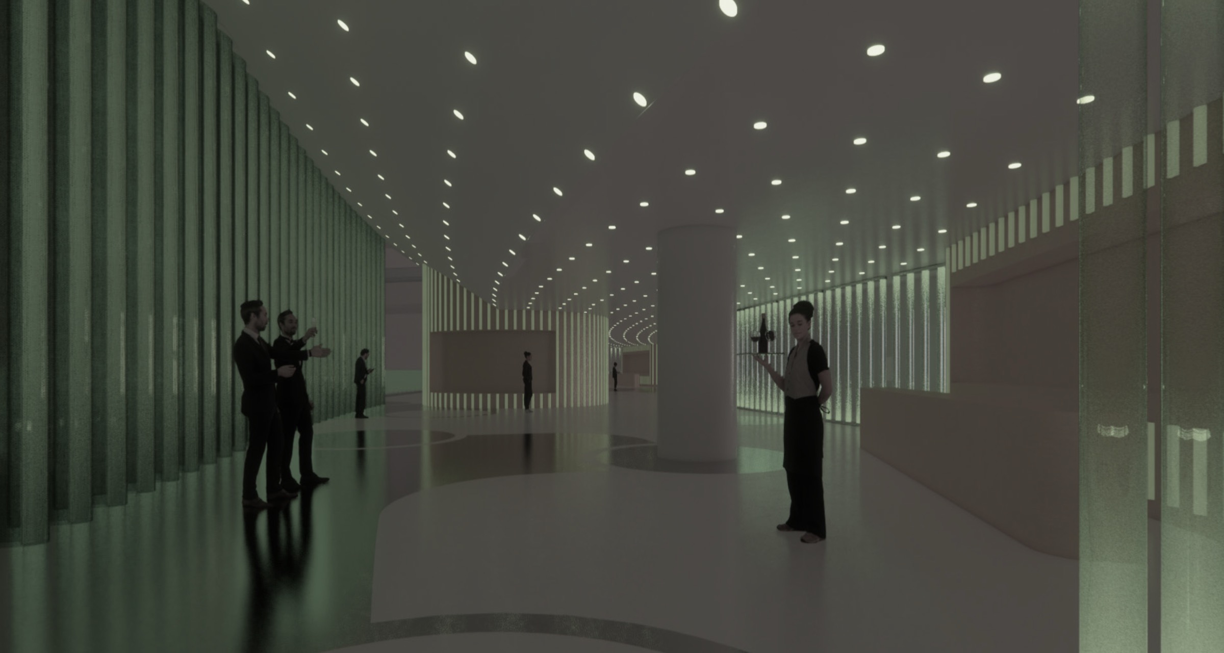Gallery space illuminated in green ambient light with crystalline columns, visitors conversing and walking, circular floor patterns, and service areas beyond