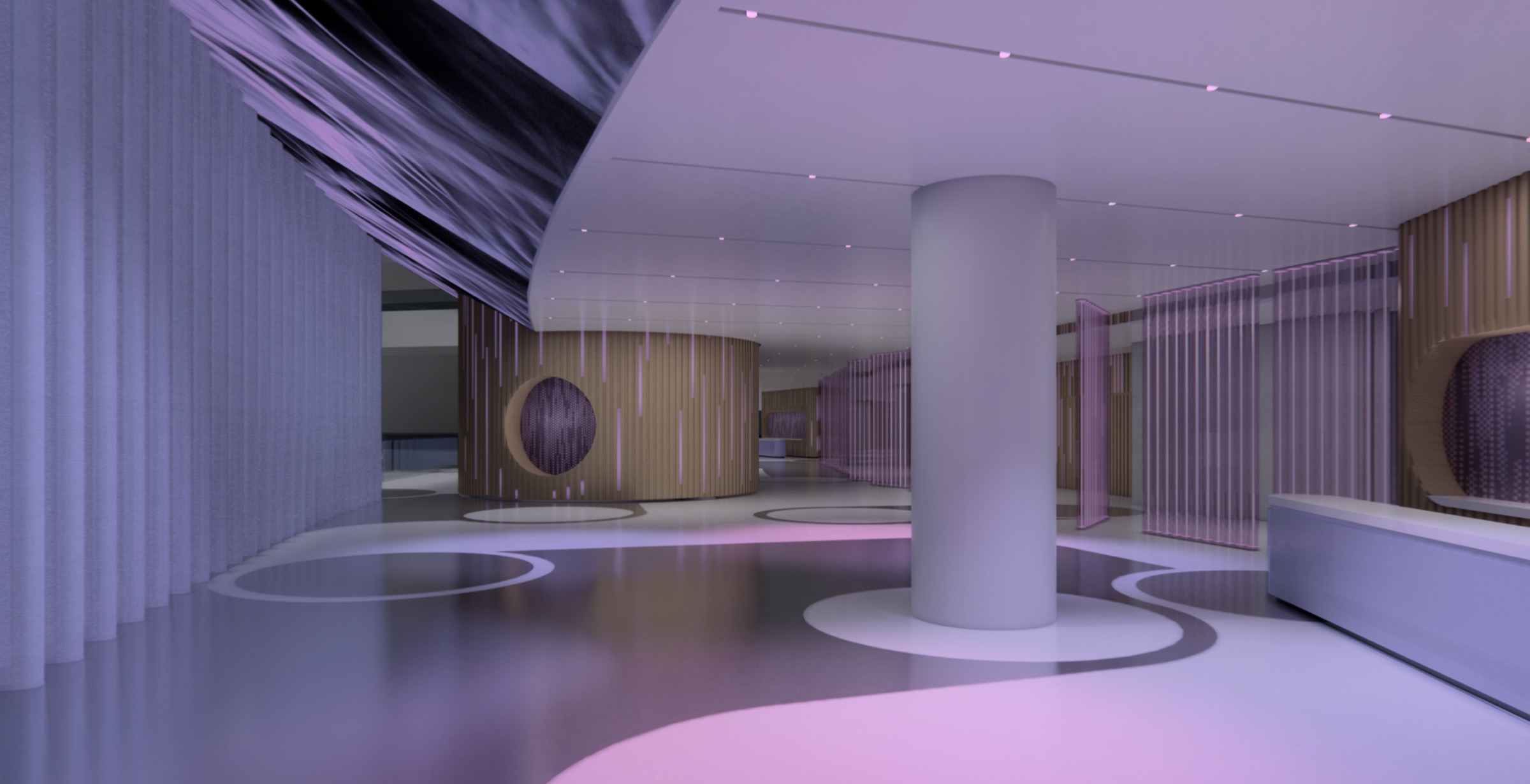 Gallery interior in purple and pink light with curved timber-clad pods featuring circular apertures, a large cylindrical column, dark ceiling screen, and circular floor elements