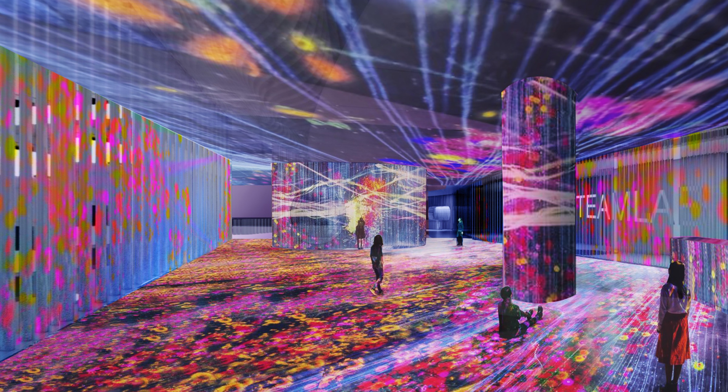 Fully immersive projection environment with vivid digital imagery covering all surfaces — walls, floor, ceiling, and columns — with visitors moving through the saturated color field